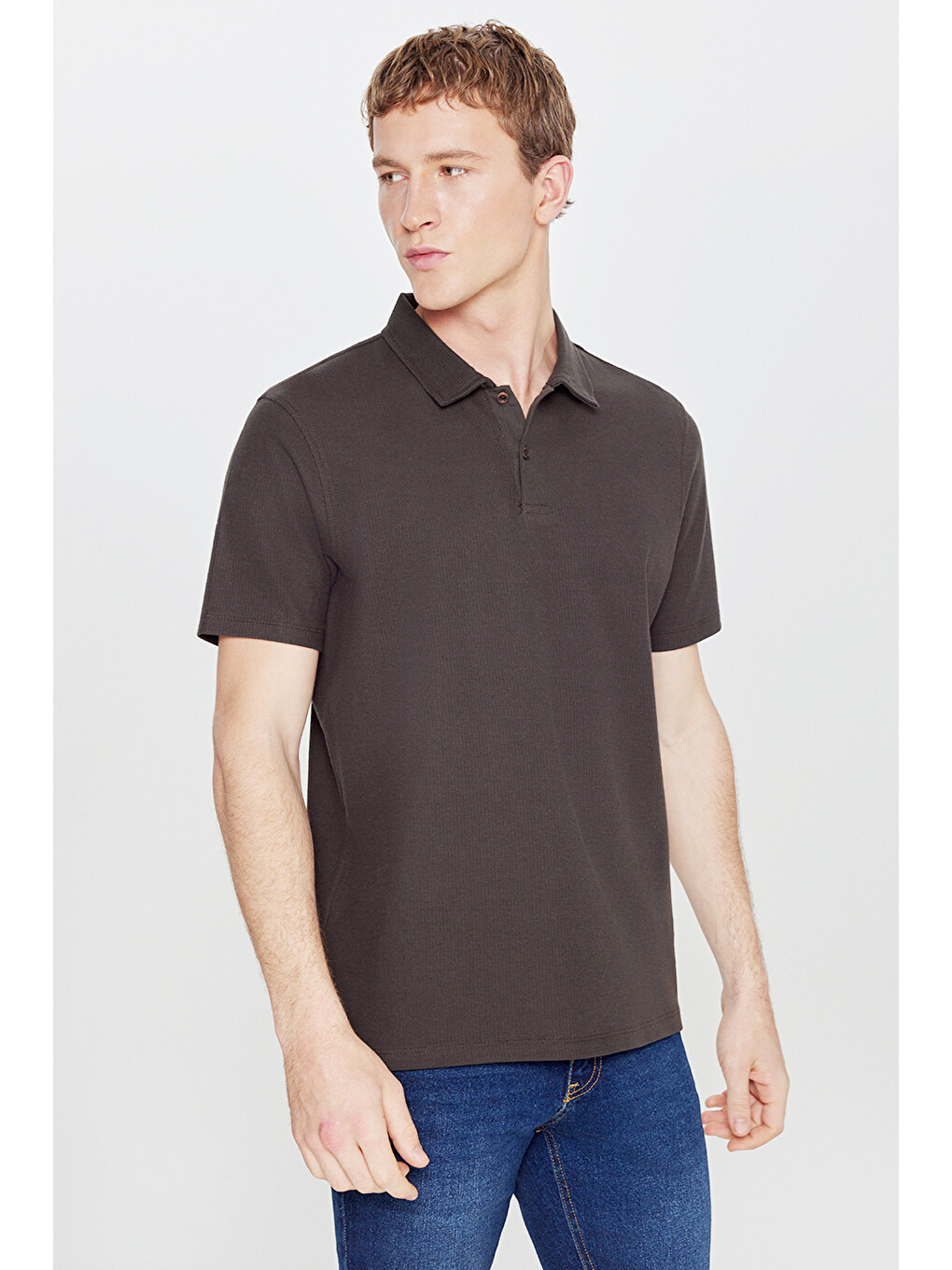 Kahverengi Erkek Acı Kahve %100 Pamuk Slim Fit Dar Kesim Polo Yaka Jakarlı Triko Tişört-2