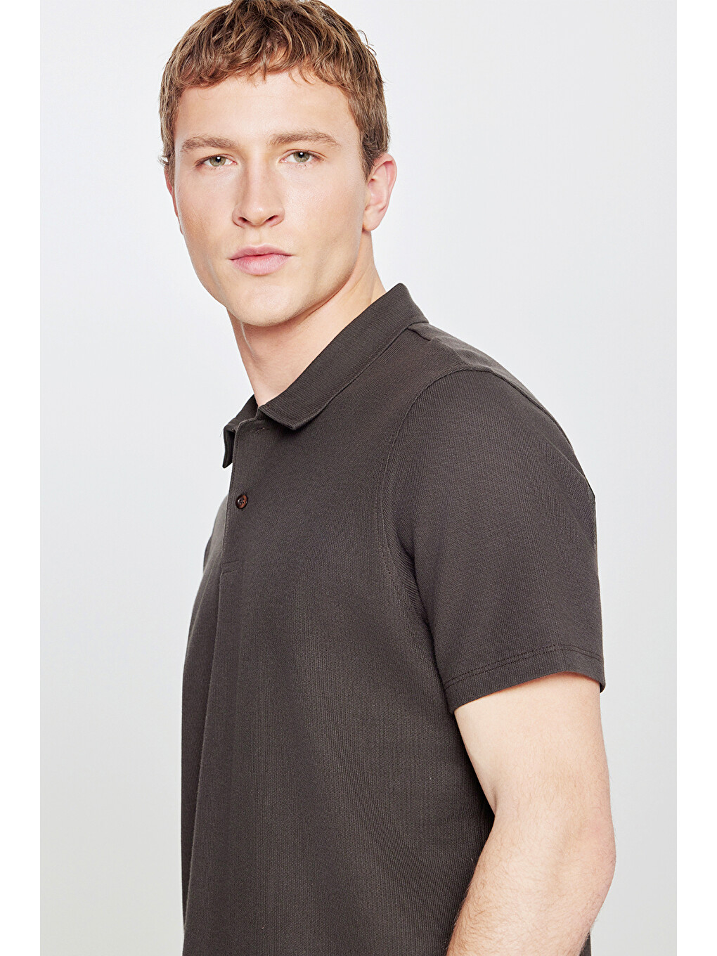 Kahverengi Erkek Acı Kahve %100 Pamuk Slim Fit Dar Kesim Polo Yaka Jakarlı Triko Tişört-3