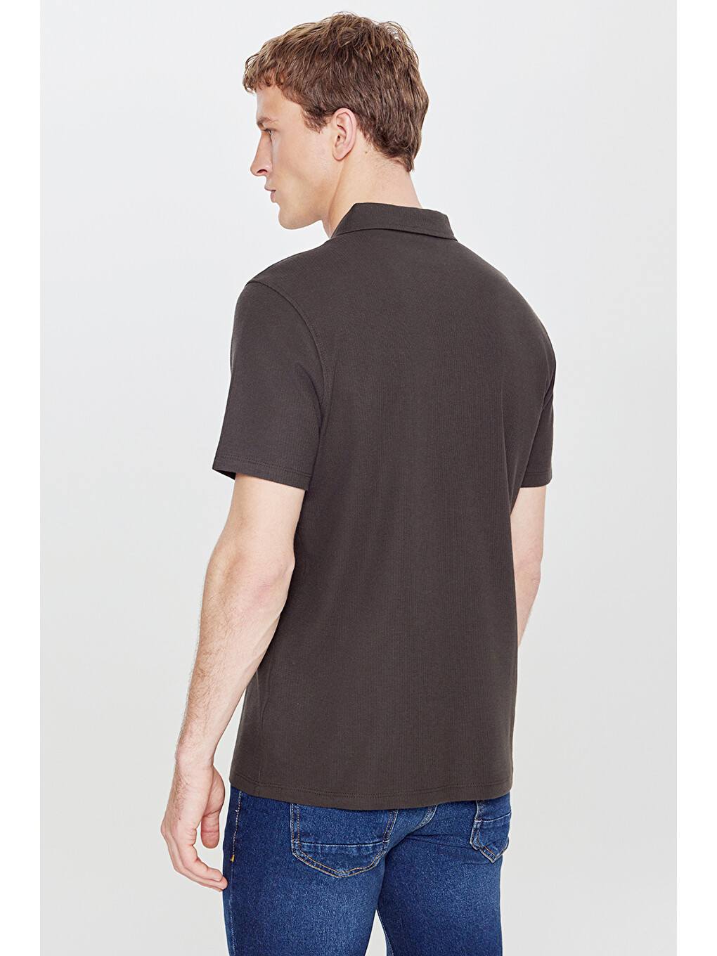 Kahverengi Erkek Acı Kahve %100 Pamuk Slim Fit Dar Kesim Polo Yaka Jakarlı Triko Tişört-4