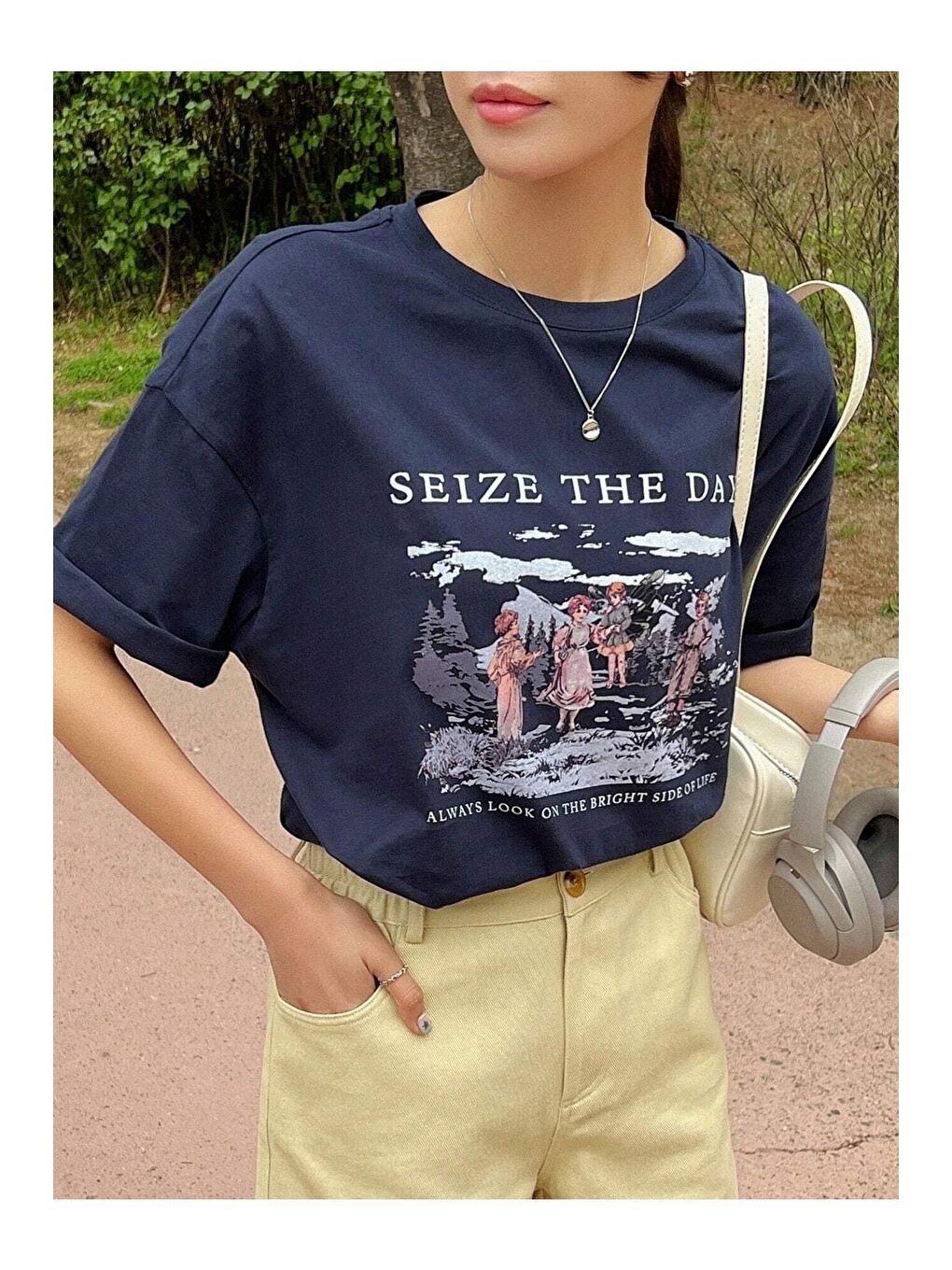 Trendseninle Lacivert Kadın Lacivert Seize The Day Baskılı Oversize Tişört - 1