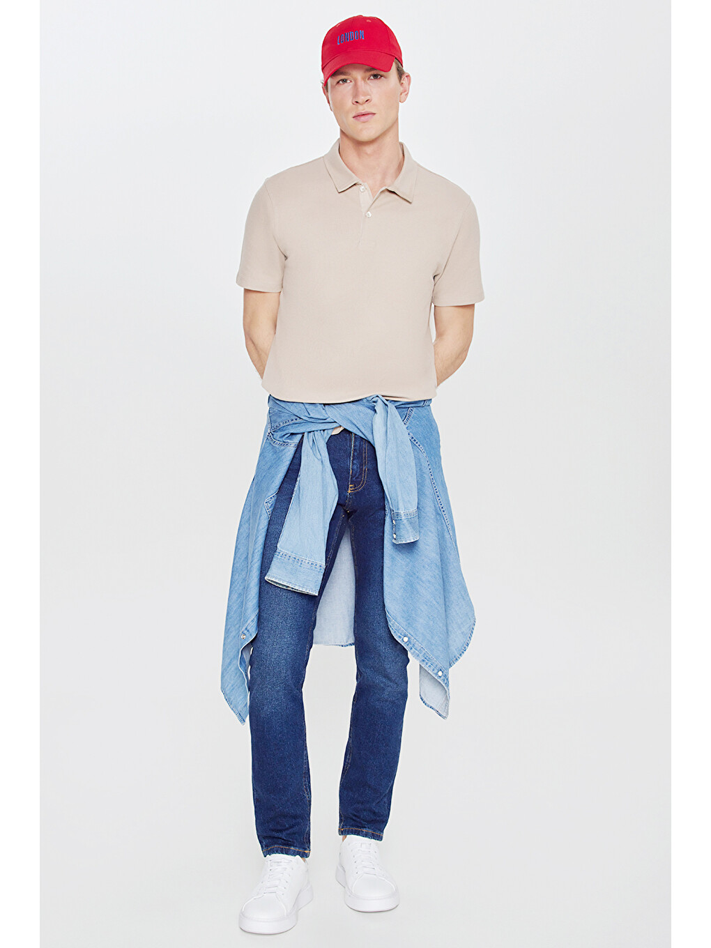 Erkek Bej %100 Pamuk Slim Fit Dar Kesim Polo Yaka Jakarlı Triko Tişört-1