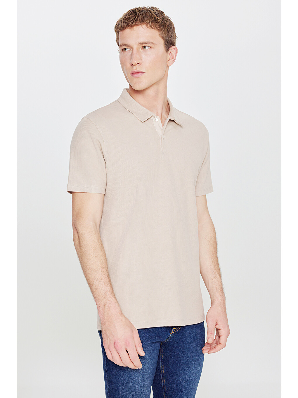 Erkek Bej %100 Pamuk Slim Fit Dar Kesim Polo Yaka Jakarlı Triko Tişört-2