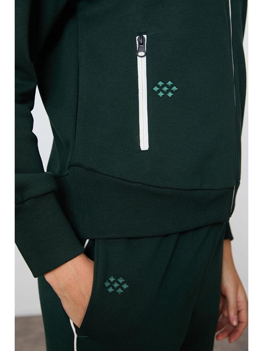 Çam Yeşili Kompakt Pamuklu Kalın Pürüzsüz Dokulu Dik Yaka Oversize Fit Kadın Eşofman Takım - 95340-9