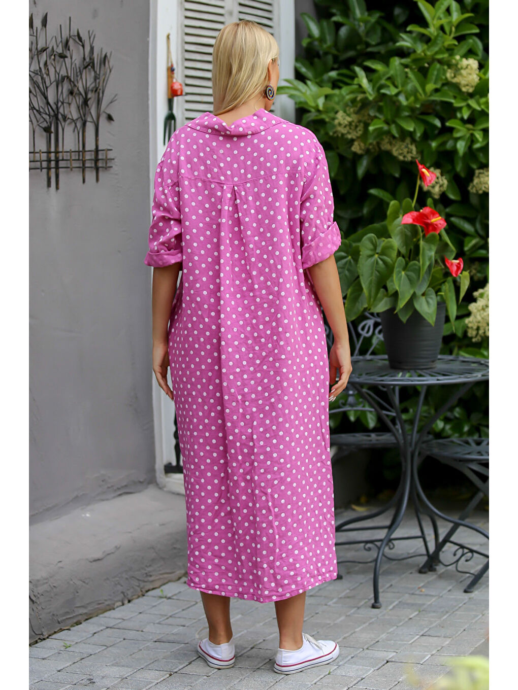 İtalyan Pembe 3/4 Kol Puantiyeli Cepli Payetli Örme Elbise-1