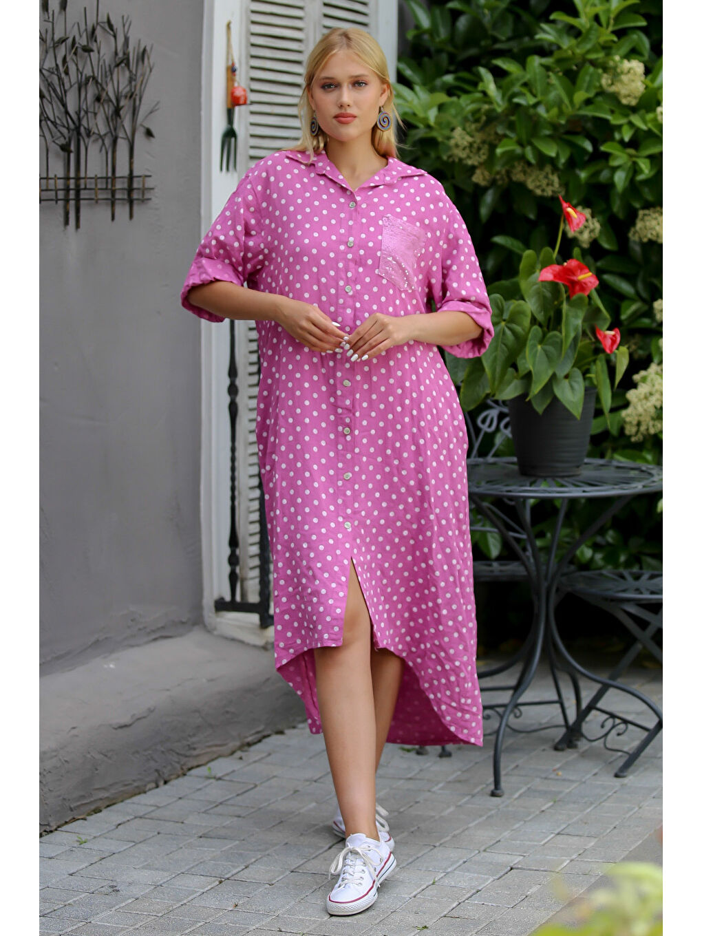 İtalyan Pembe 3/4 Kol Puantiyeli Cepli Payetli Örme Elbise-2