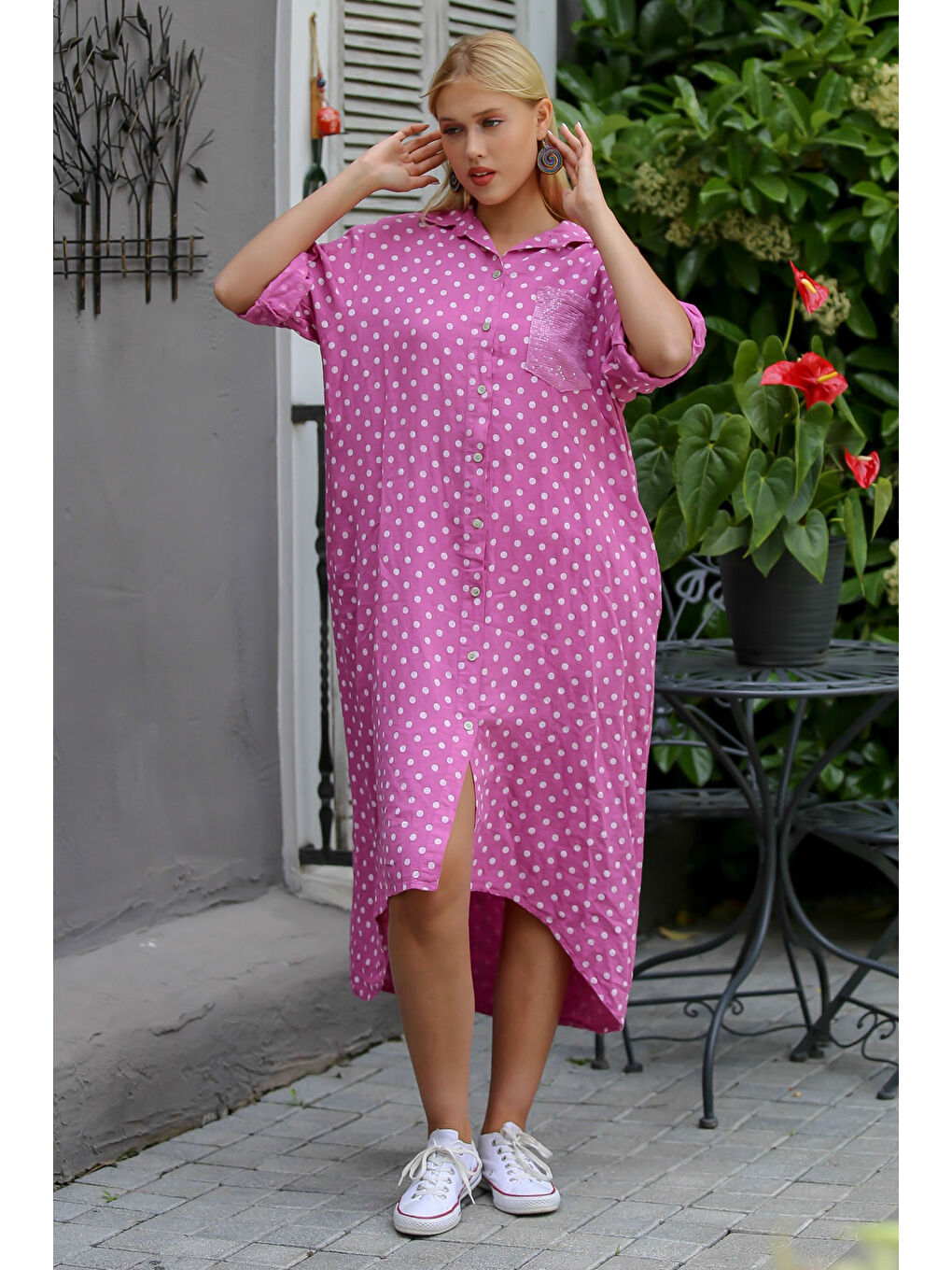 İtalyan Pembe 3/4 Kol Puantiyeli Cepli Payetli Örme Elbise-3