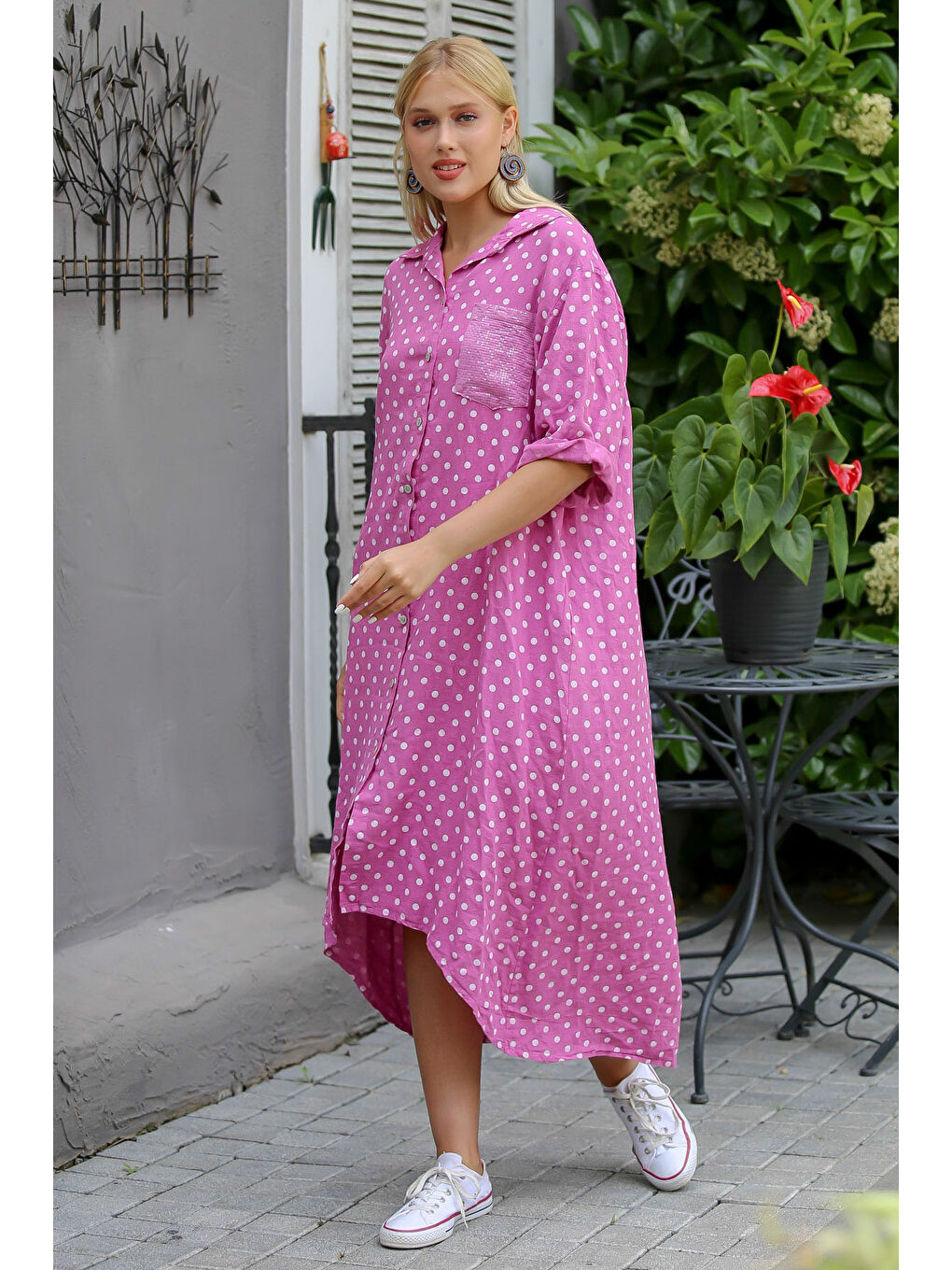 İtalyan Pembe 3/4 Kol Puantiyeli Cepli Payetli Örme Elbise-4