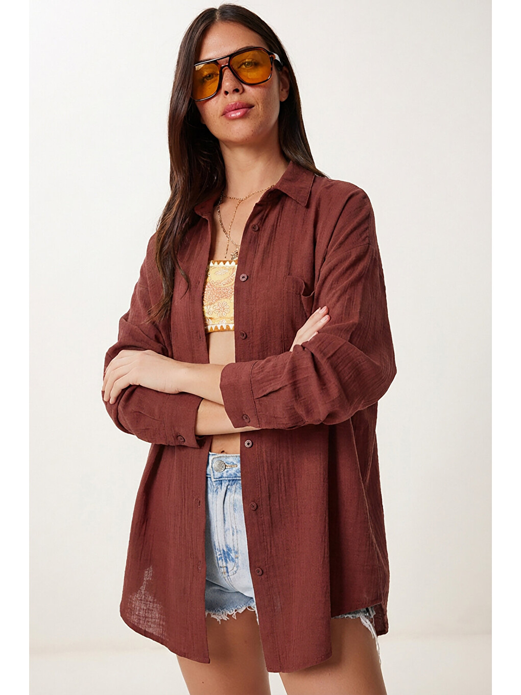 Kahverengi Oversize Basic Müslin Gömlek KOYU KİREMİT LMX0002-1