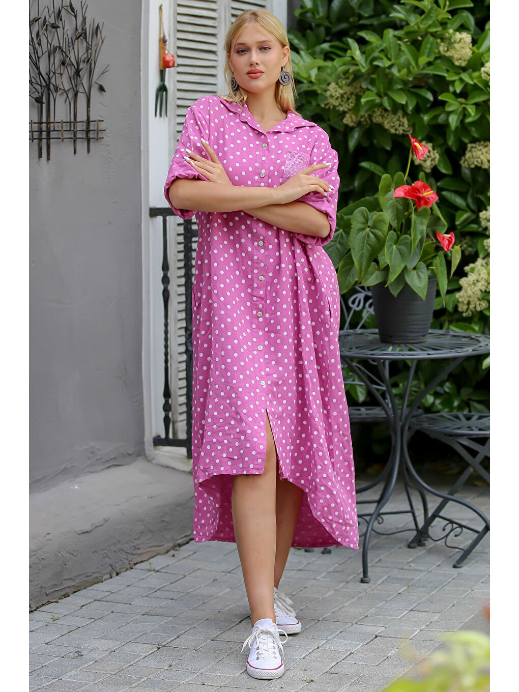 İtalyan Pembe 3/4 Kol Puantiyeli Cepli Payetli Örme Elbise-5