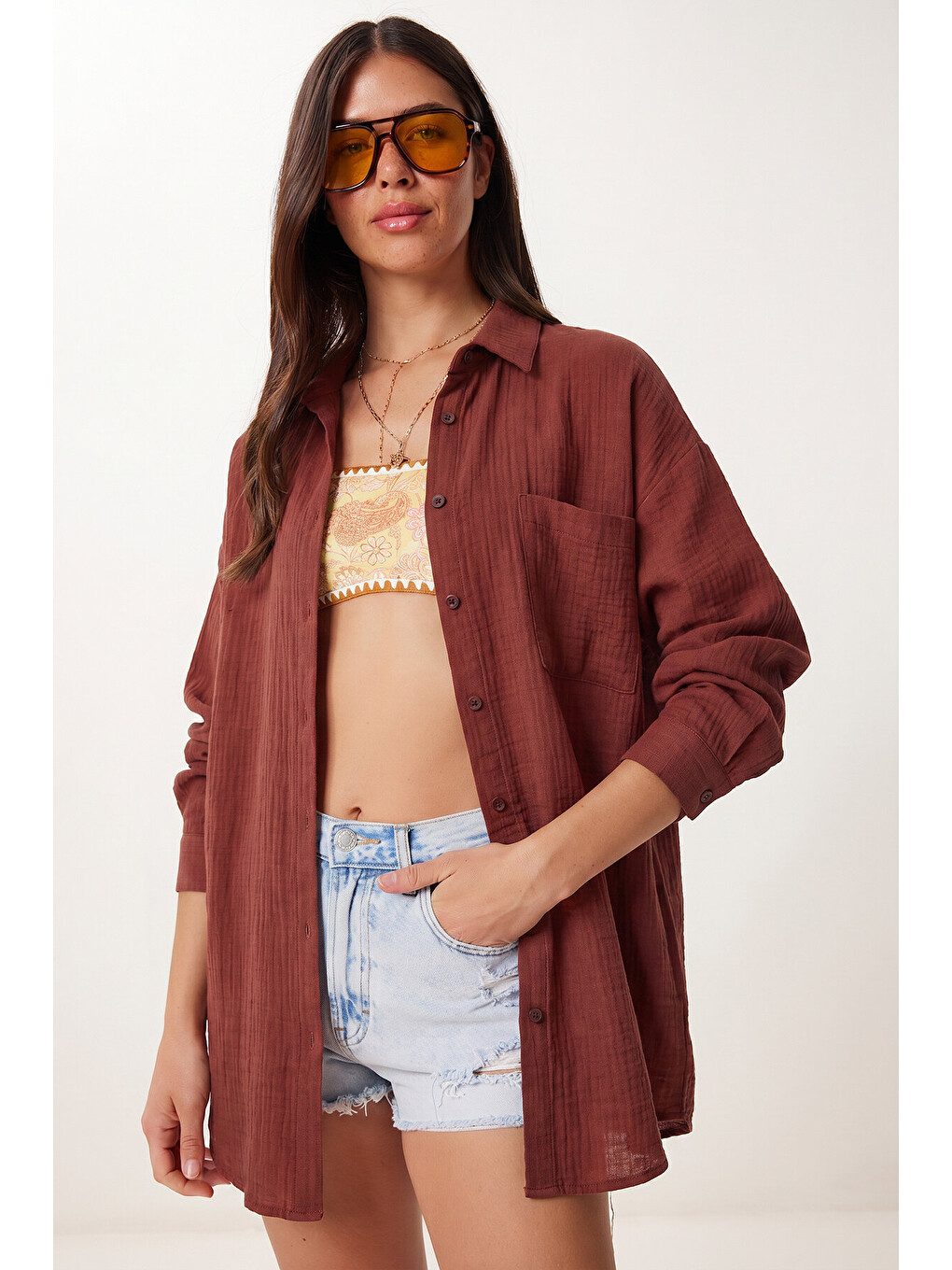Kahverengi Oversize Basic Müslin Gömlek KOYU KİREMİT LMX0002-2