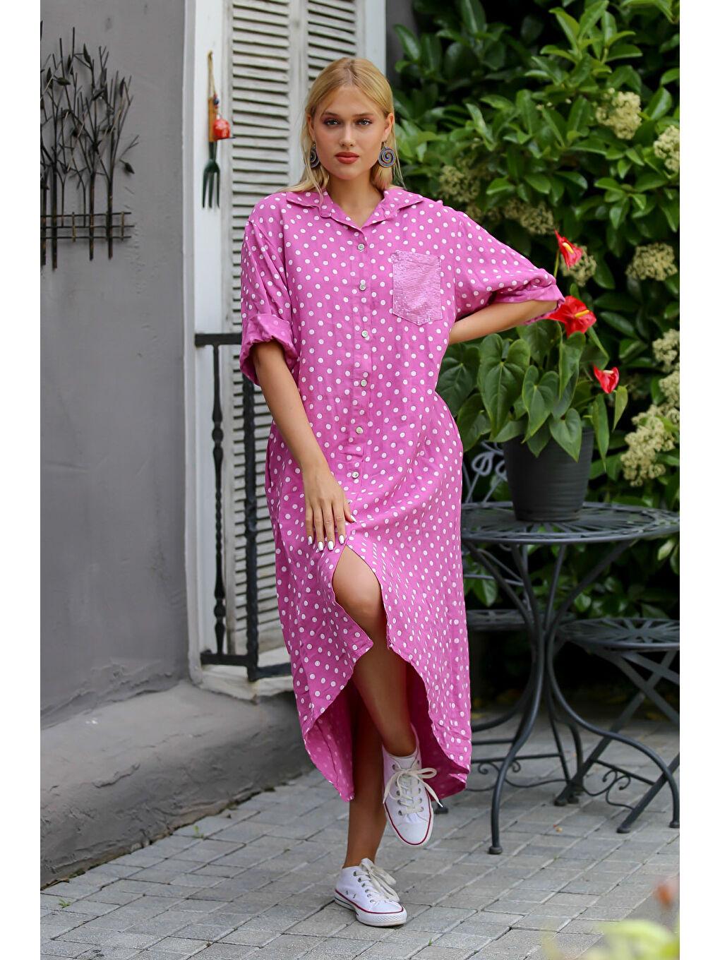 İtalyan Pembe 3/4 Kol Puantiyeli Cepli Payetli Örme Elbise-6