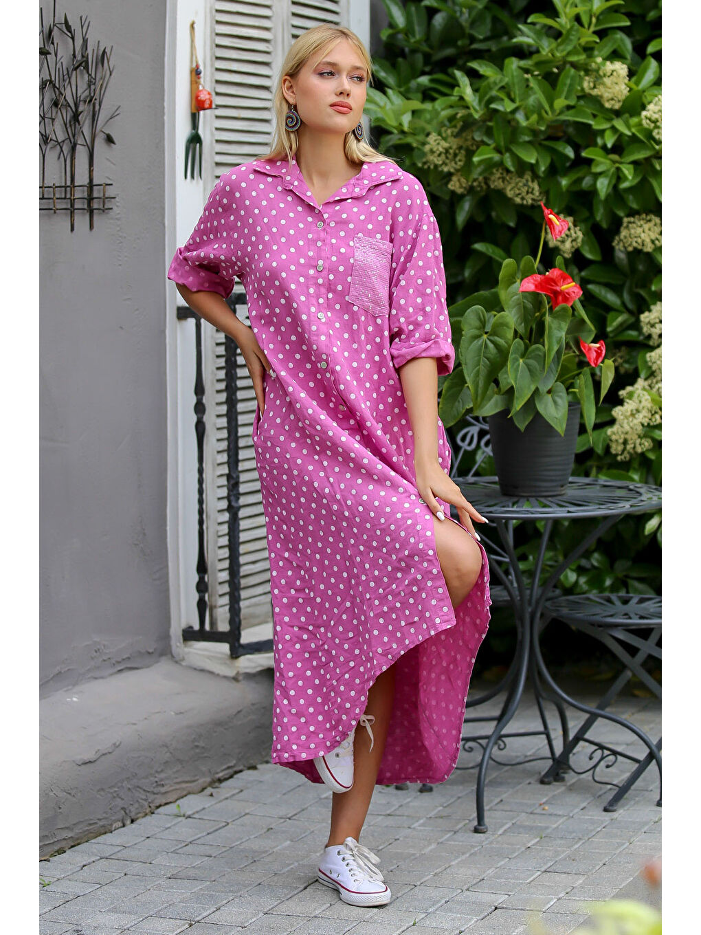 İtalyan Pembe 3/4 Kol Puantiyeli Cepli Payetli Örme Elbise-7