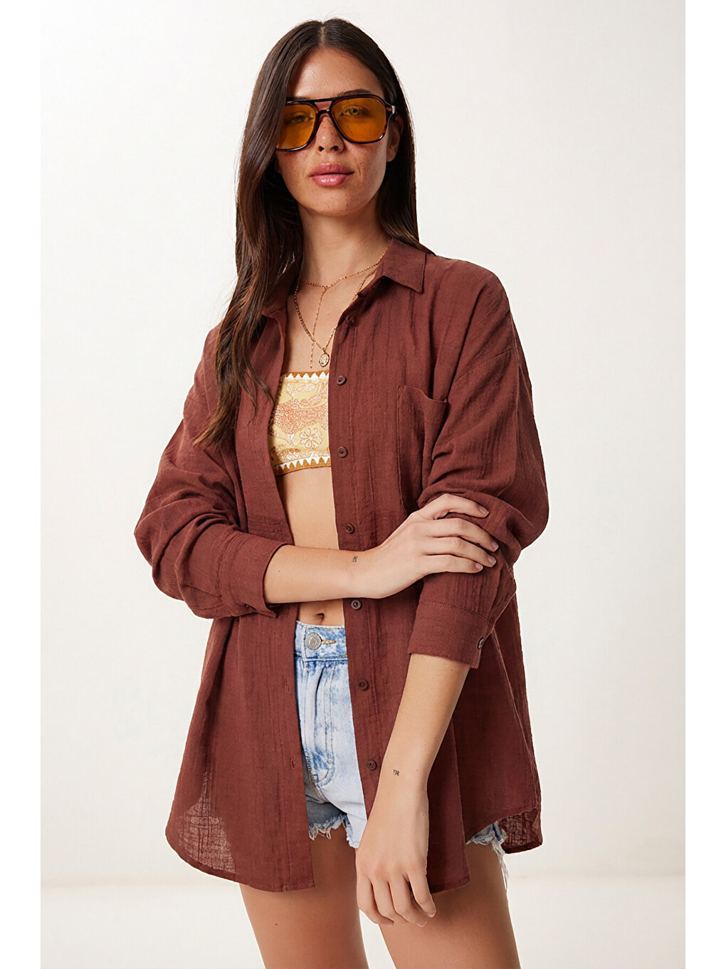 Kahverengi Oversize Basic Müslin Gömlek KOYU KİREMİT LMX0002-3