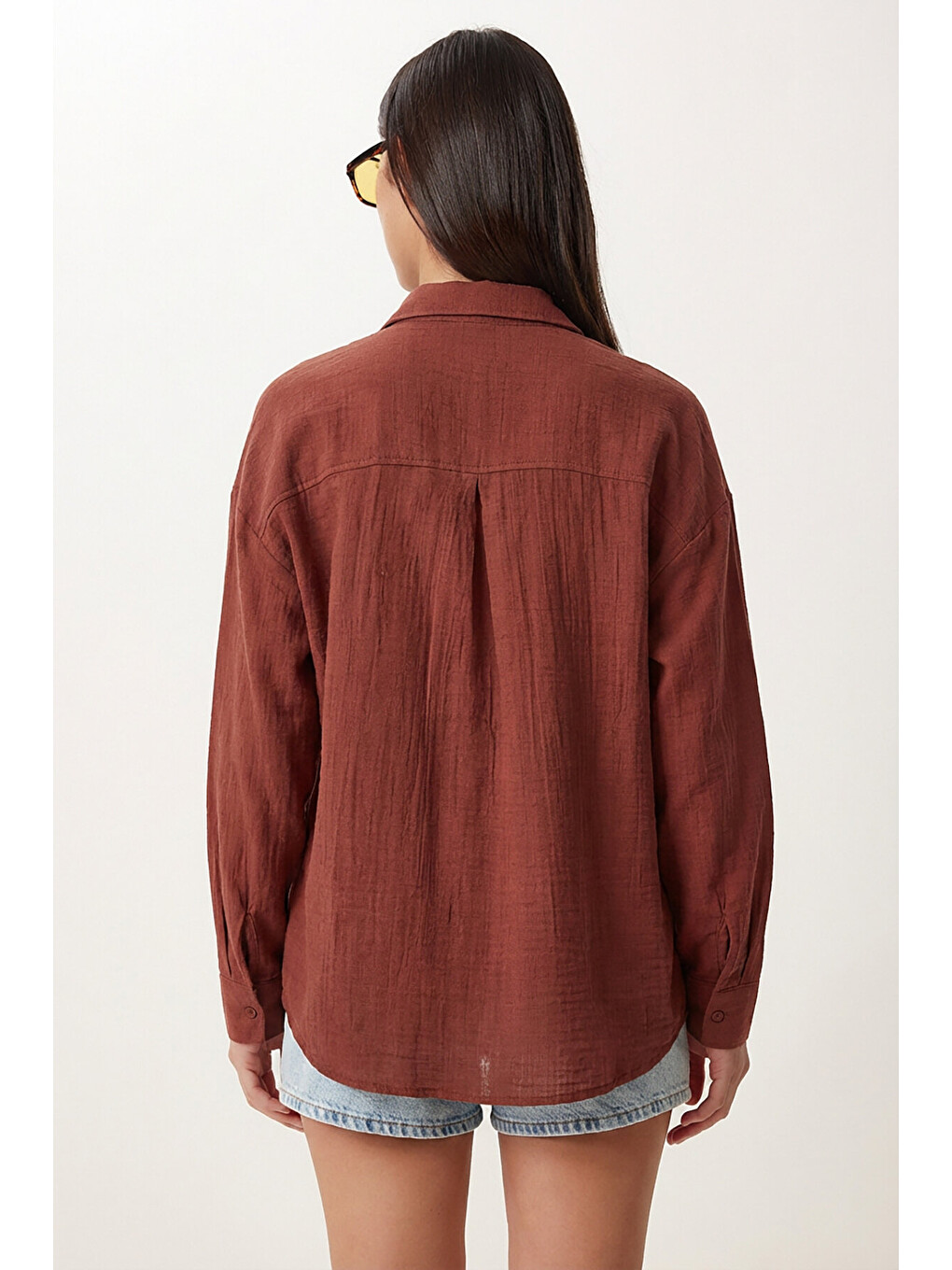 Kahverengi Oversize Basic Müslin Gömlek KOYU KİREMİT LMX0002-4