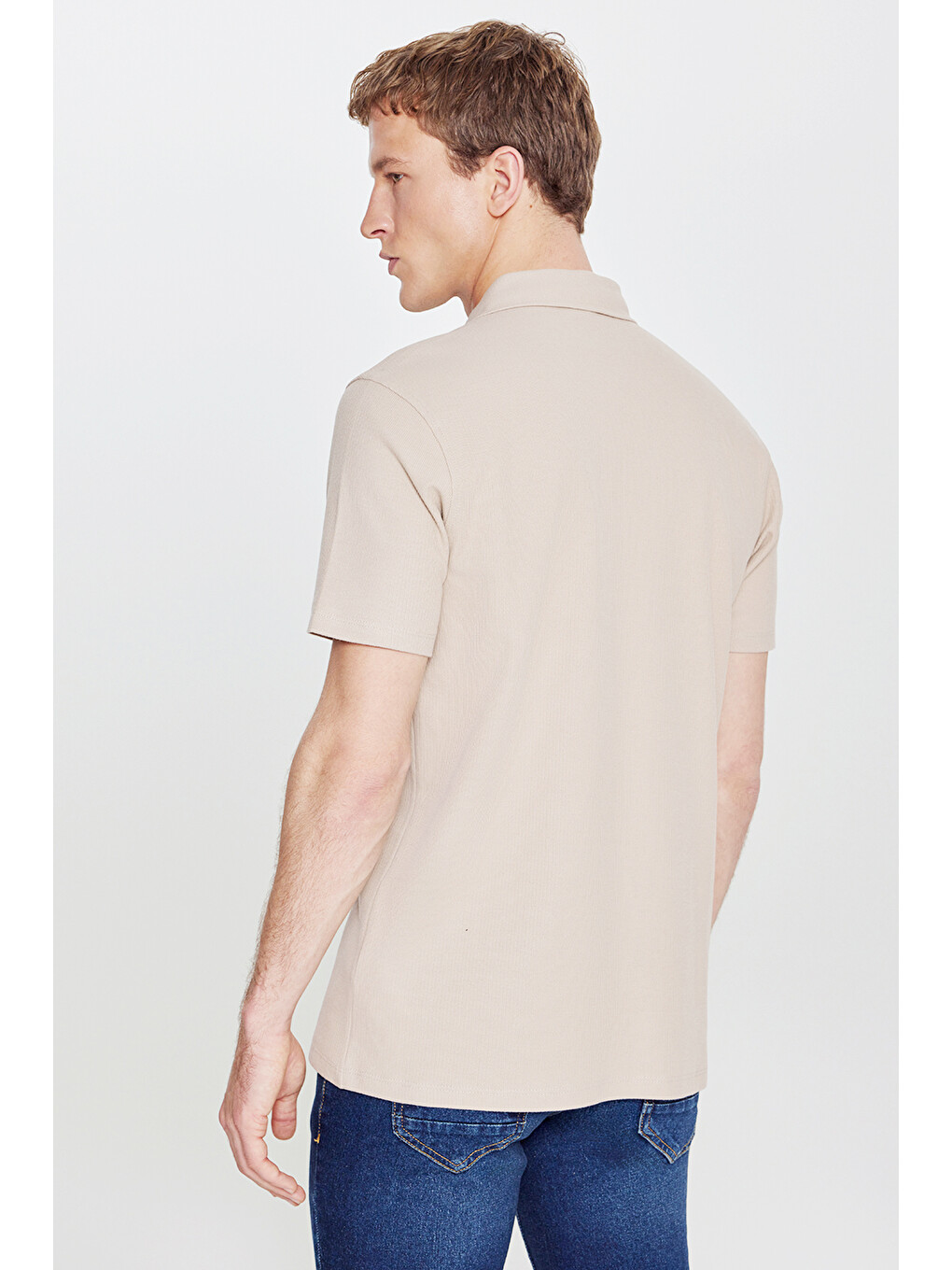 Erkek Bej %100 Pamuk Slim Fit Dar Kesim Polo Yaka Jakarlı Triko Tişört-4