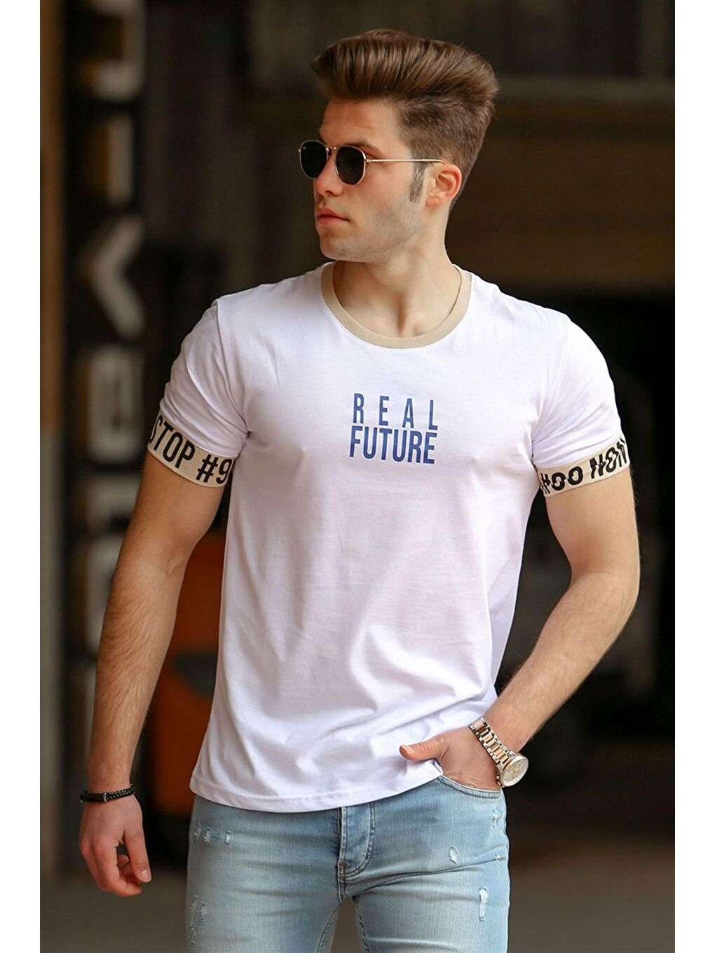 Baskılı Beyaz Erkek Tişört 4527-1