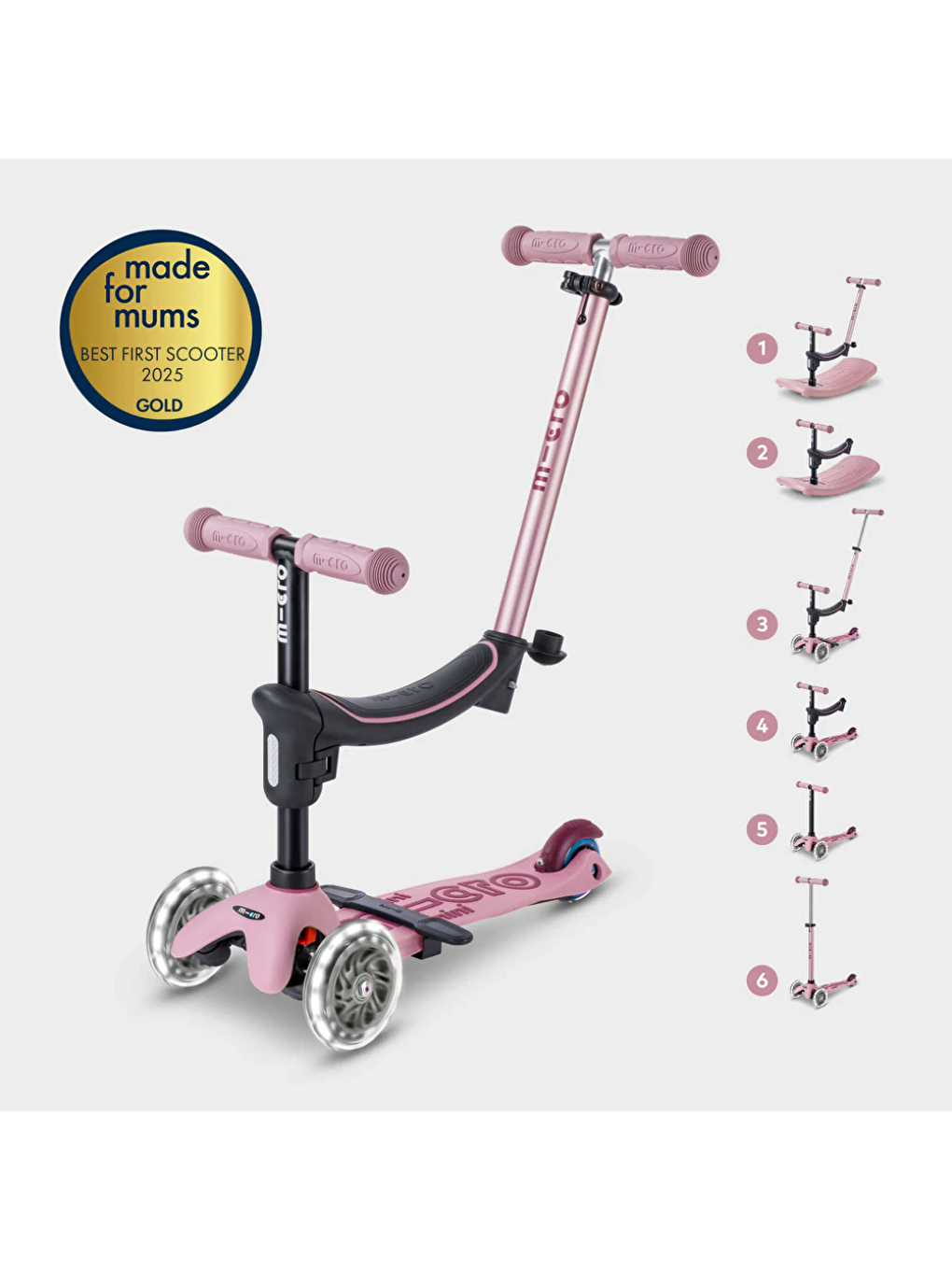 Mini 6 in 1 Deluxe Rock and Go LED Scooter Dusty Rose-2