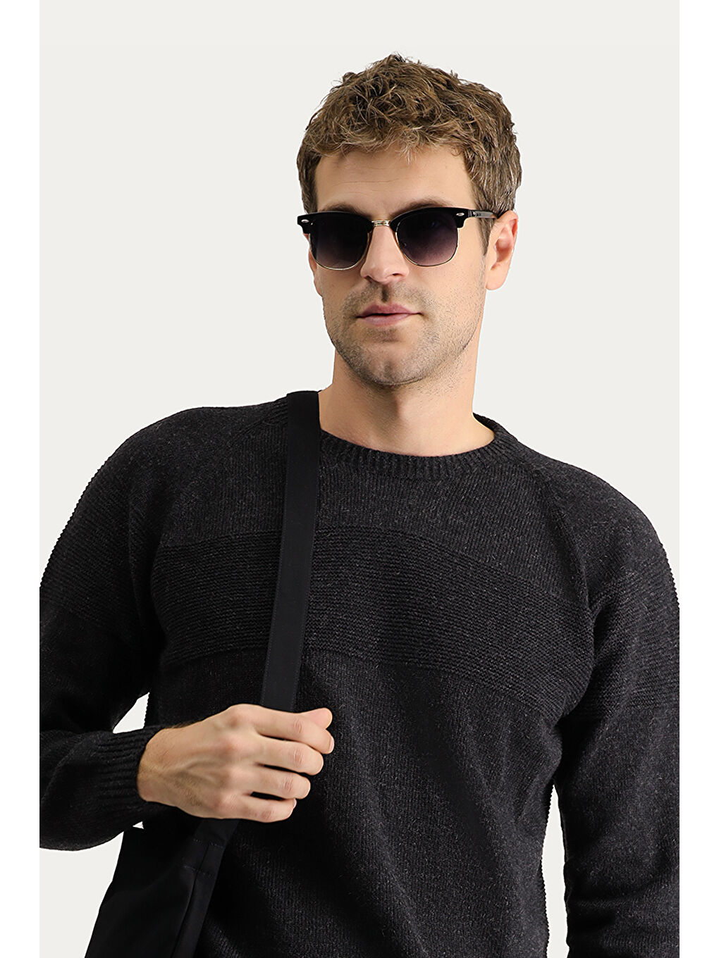 Antrasit Bisiklet Yaka Slim Fit Dar Kesim Dikişsiz Desenli Yünlü Triko Kazak-1