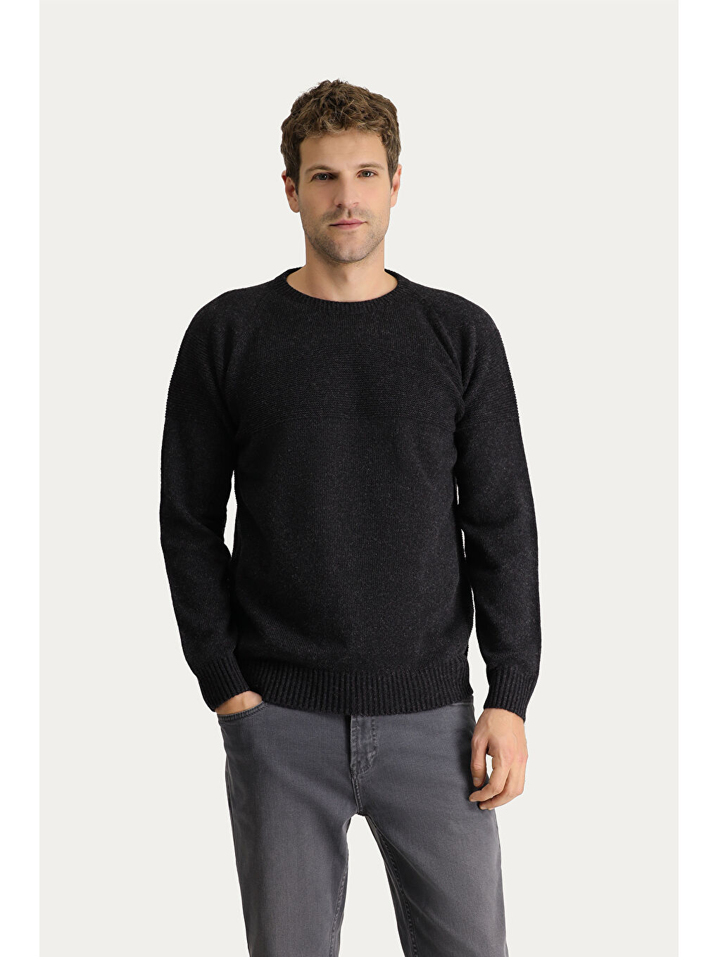 Antrasit Bisiklet Yaka Slim Fit Dar Kesim Dikişsiz Desenli Yünlü Triko Kazak-2