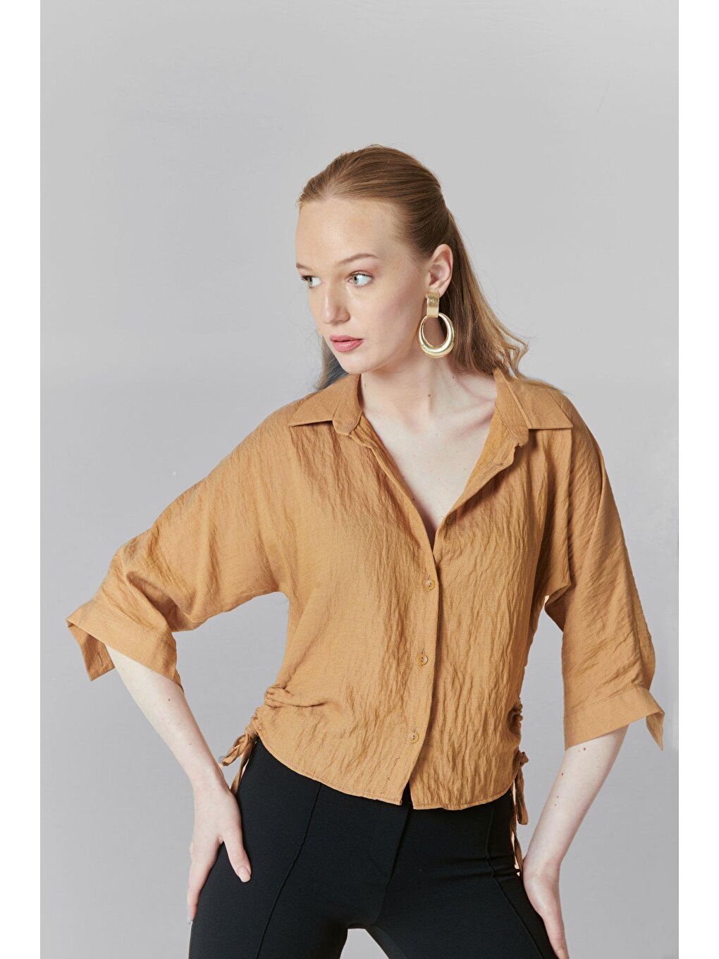 Kahverengi Yanı İpli Kapri Kol GÖMLEK-1