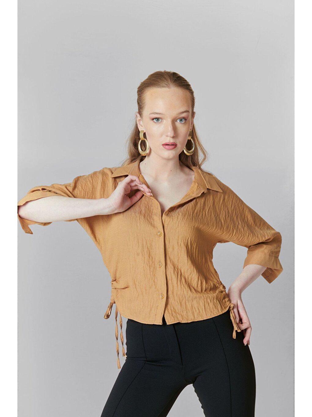 Kahverengi Yanı İpli Kapri Kol GÖMLEK-2