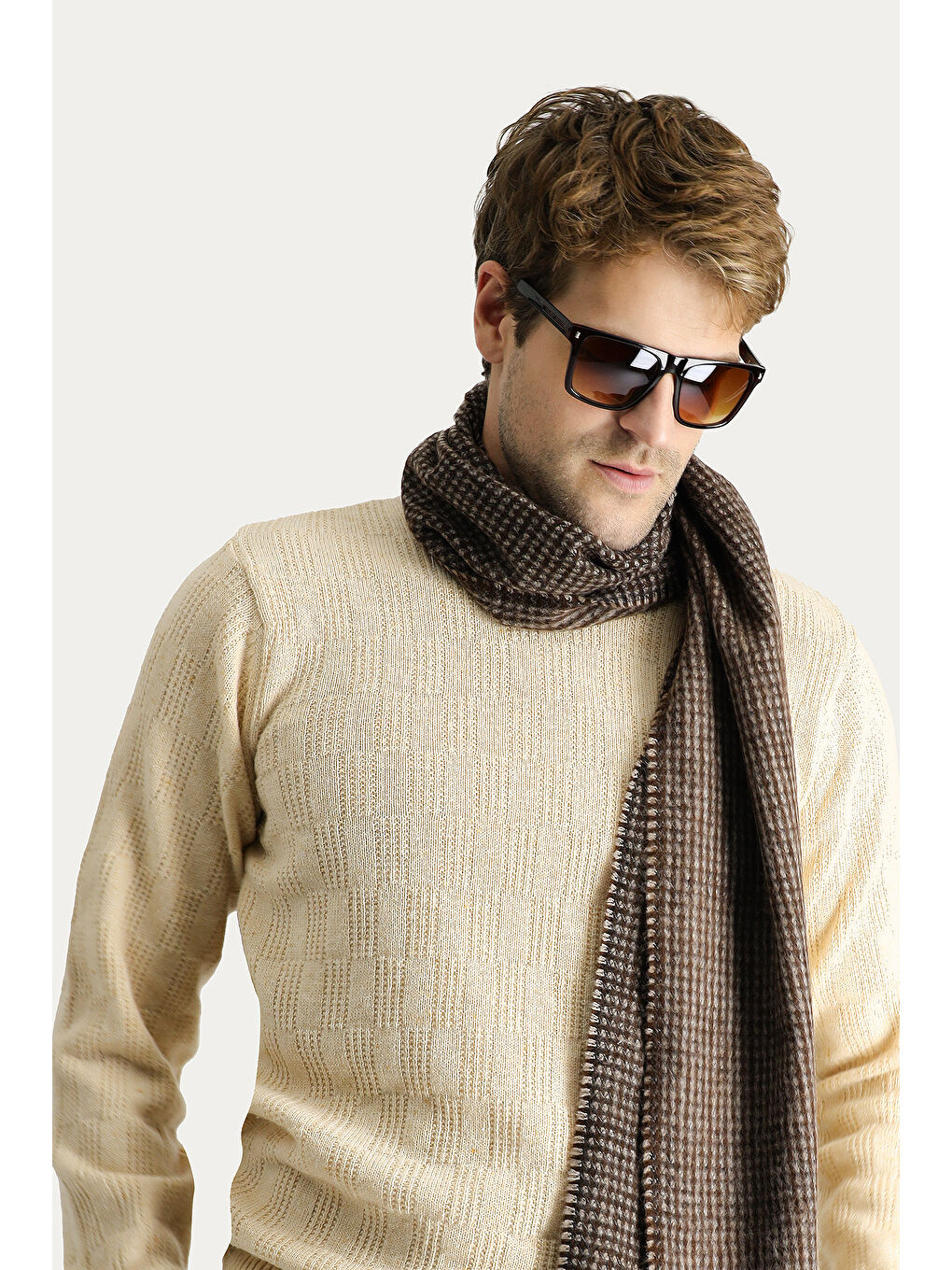 Bej Bisiklet Yaka Regular Fit Yünlü Düz Triko Büyük Beden Kazak