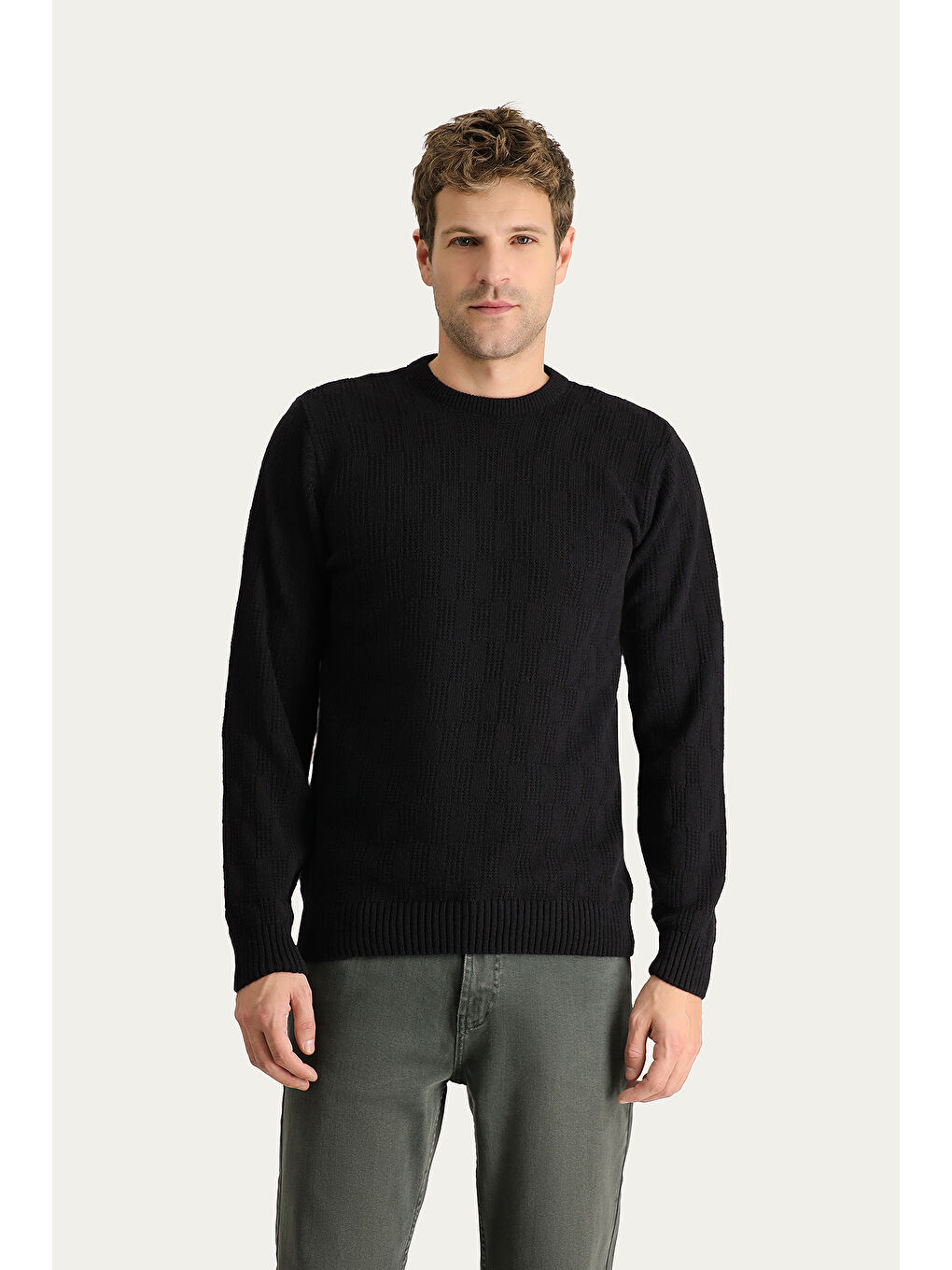 Siyah Bisiklet Yaka Regular Fit Yünlü Düz Triko Kazak-2