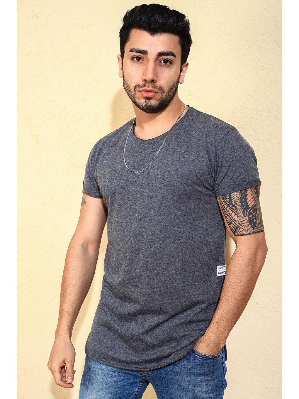 Antrasit Uzun Oval Slim Fit Basic Erkek Tişört