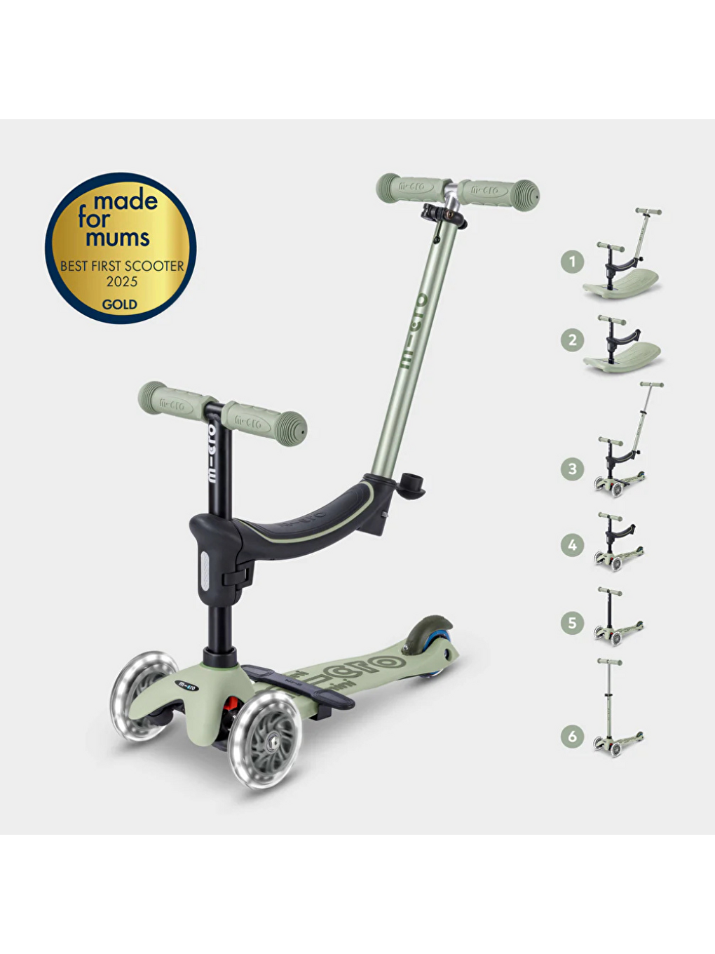 Mini 6 in 1 Deluxe Rock and Go LED Scooter Olive Sage-1