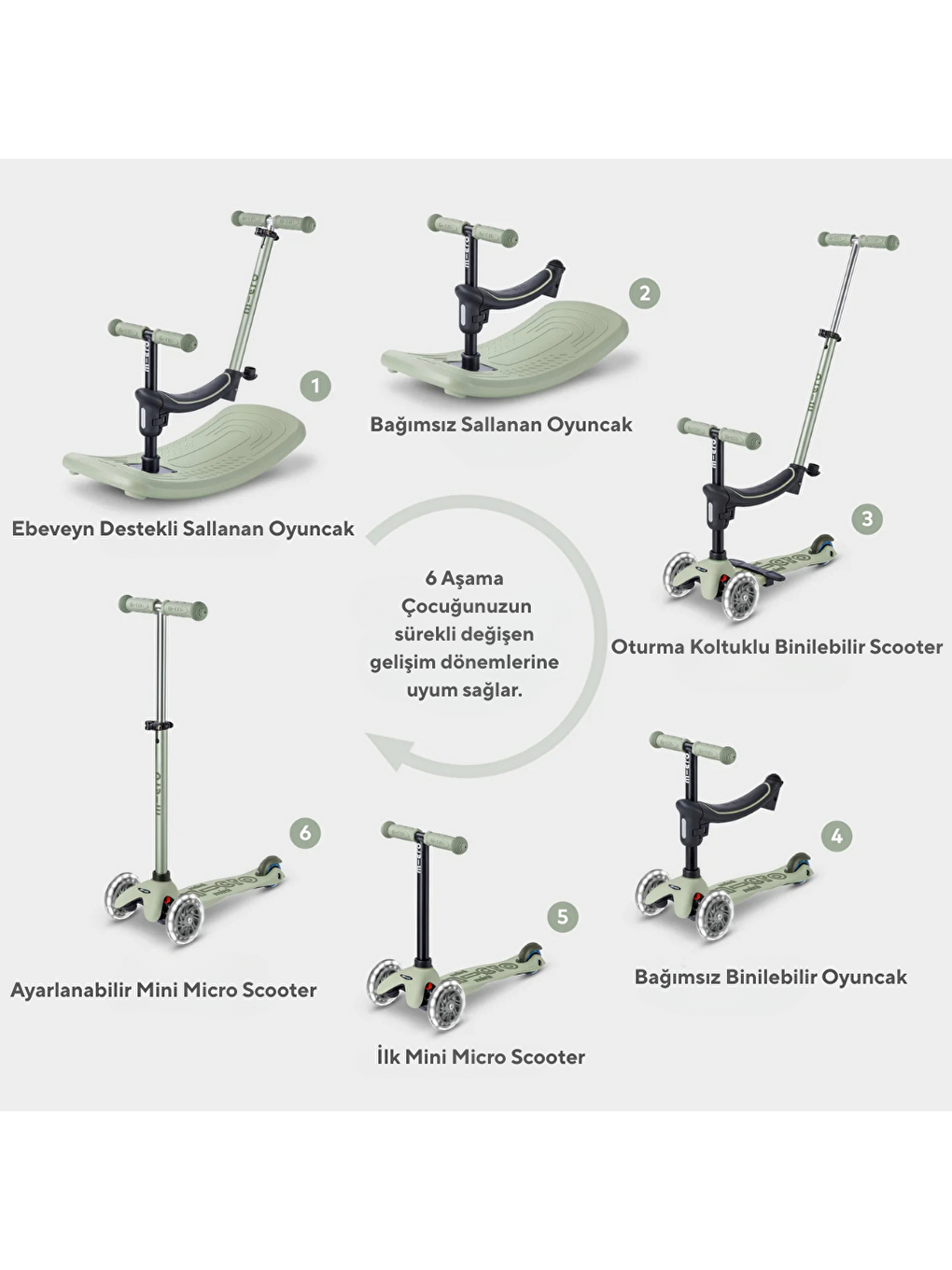 Mini 6 in 1 Deluxe Rock and Go LED Scooter Olive Sage-2