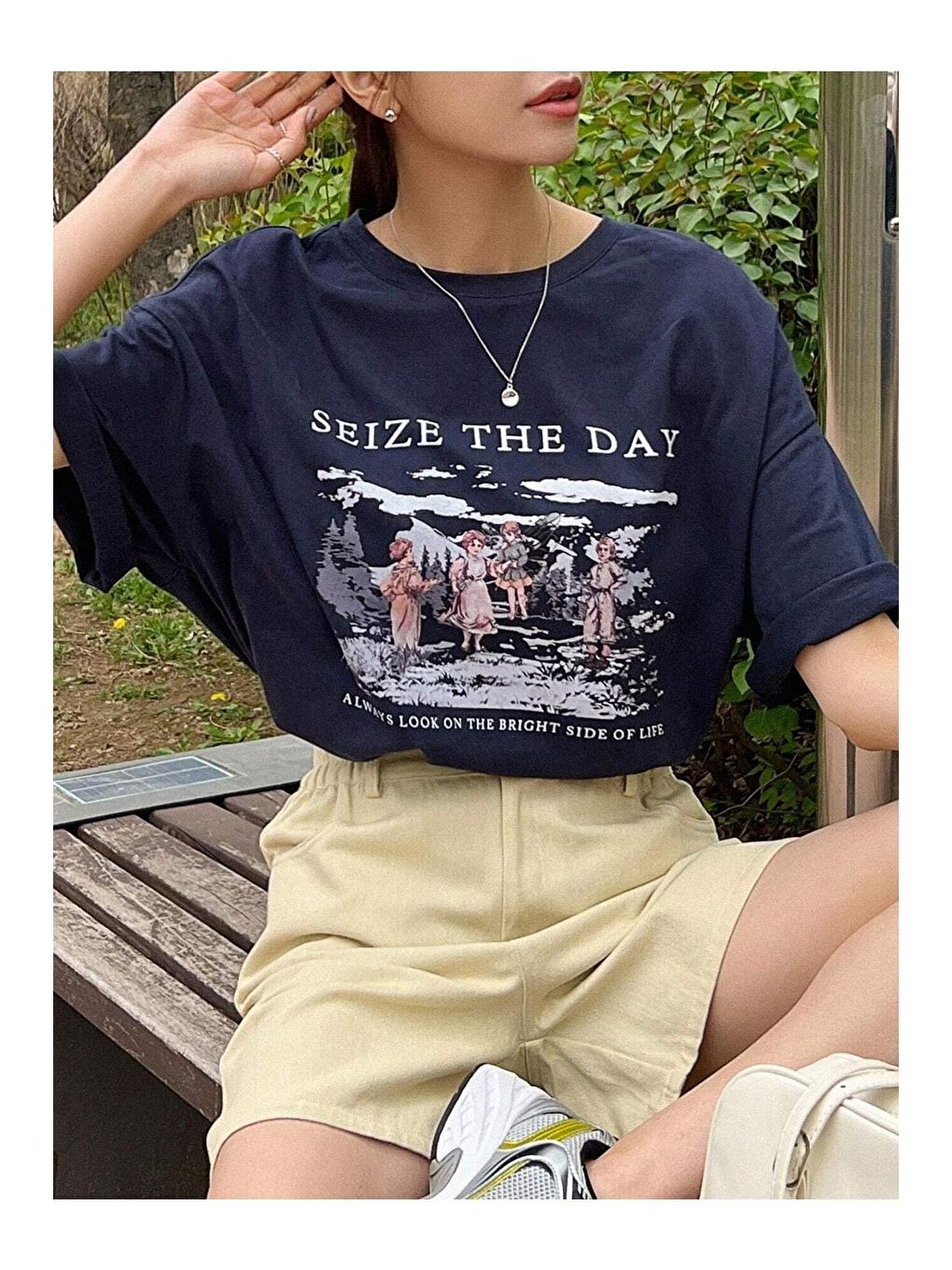 Trendseninle Lacivert Kadın Lacivert Seize The Day Baskılı Oversize Tişört - 5