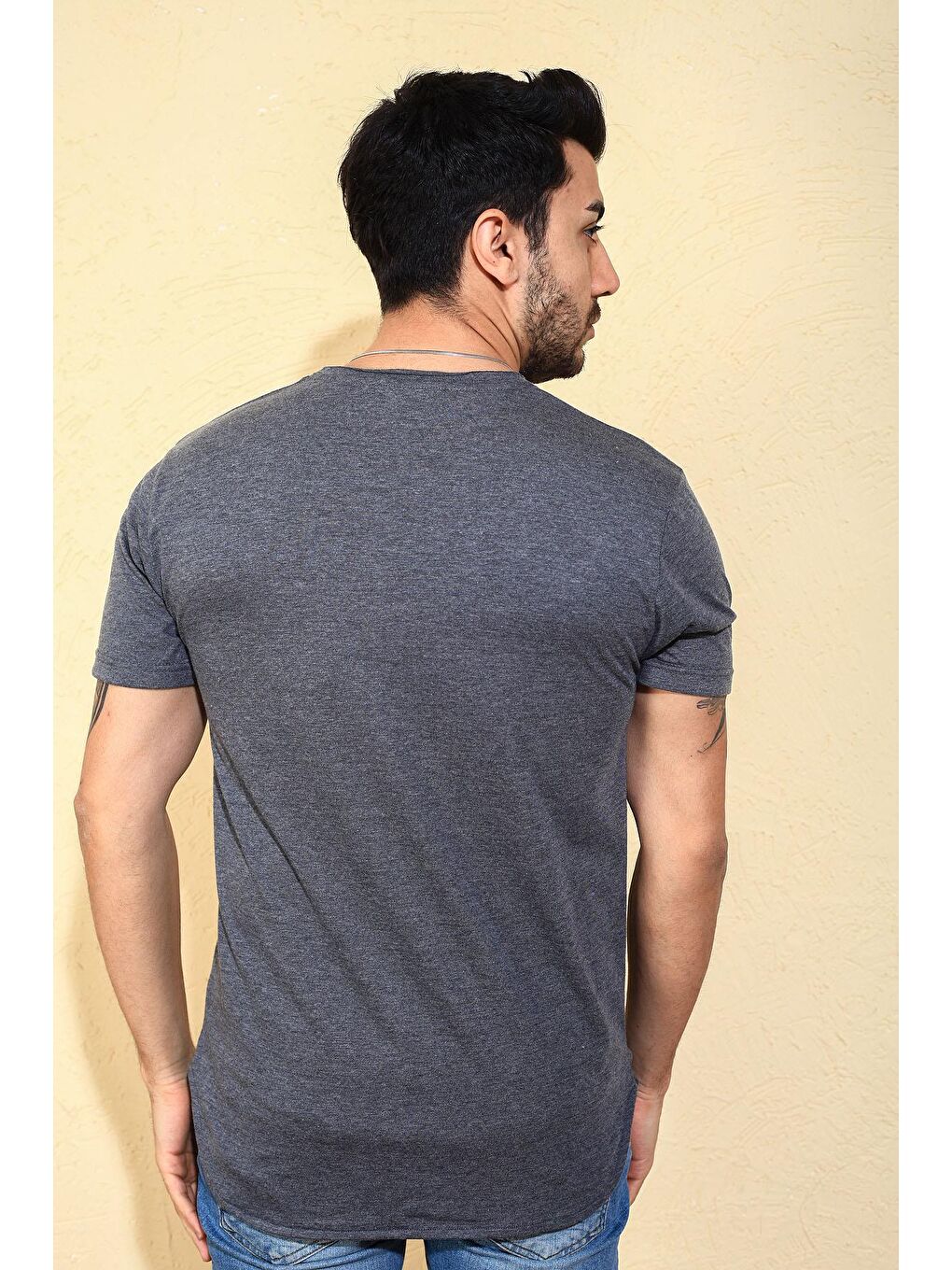 Antrasit Uzun Oval Slim Fit Basic Erkek Tişört-2