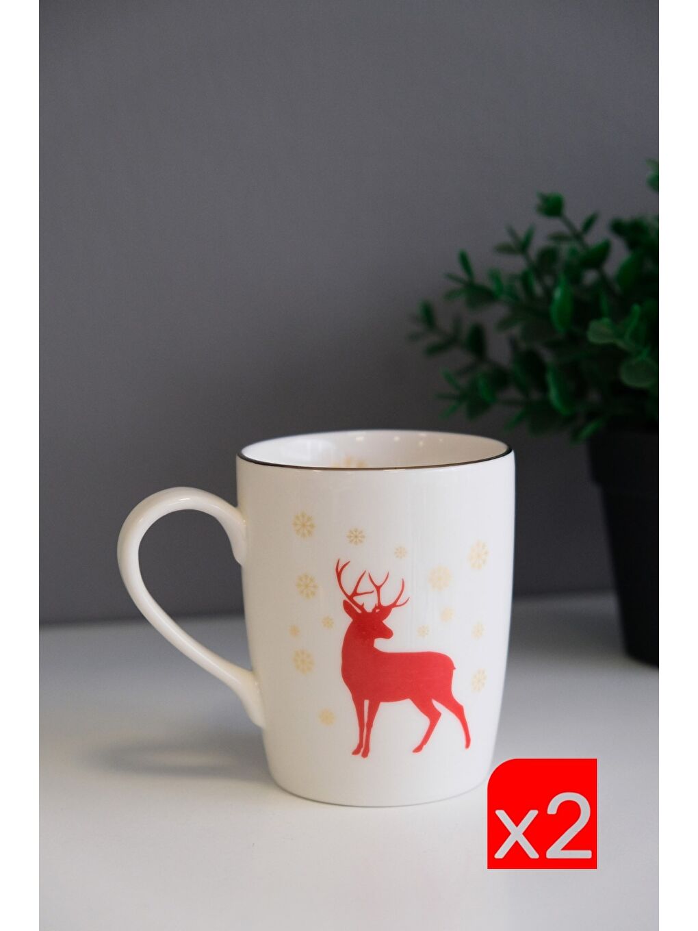 Karışık Porselen Altın Yaldızlı Geyik Kulplu Mug Kupa 9cm 220ml 2 li