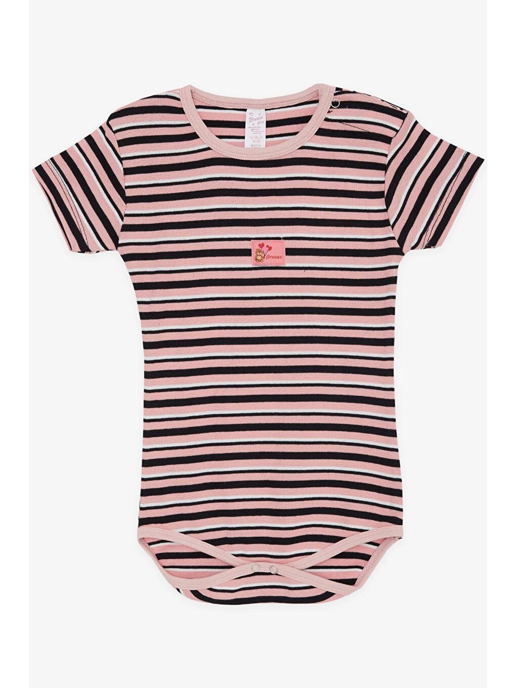 Breeze Kız Bebek Çıtçıtlı Zıbın Body Çizgili Sevimli Ayıcık Baskılı Pembe (9 Ay)