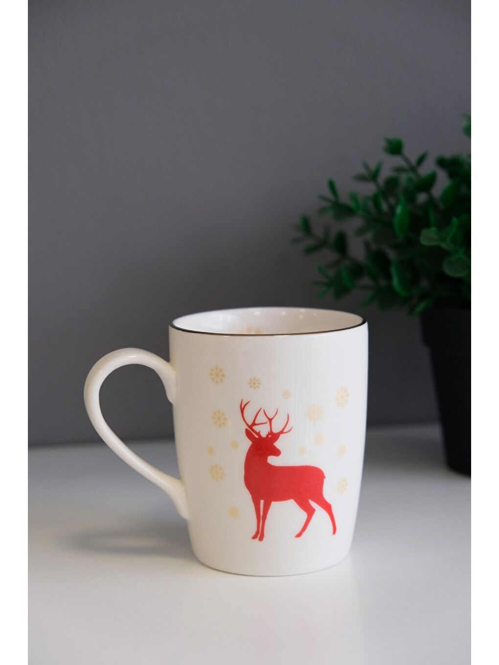 Karışık Porselen Altın Yaldızlı Geyik Kulplu Mug Kupa 9cm 220ml Tekli