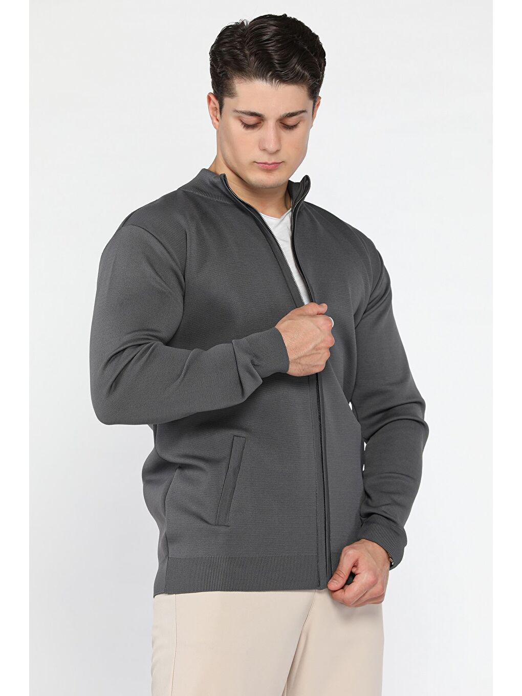 Gri Erkek Fermuarlı Triko Hırka-2