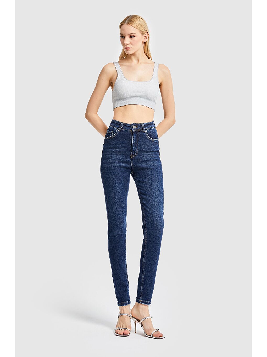 it's basic Koyu Mavi Kadın Koyu Mavi Renk Süper Esnek Kumaş Yüksek Bel Skinny Fit Denim