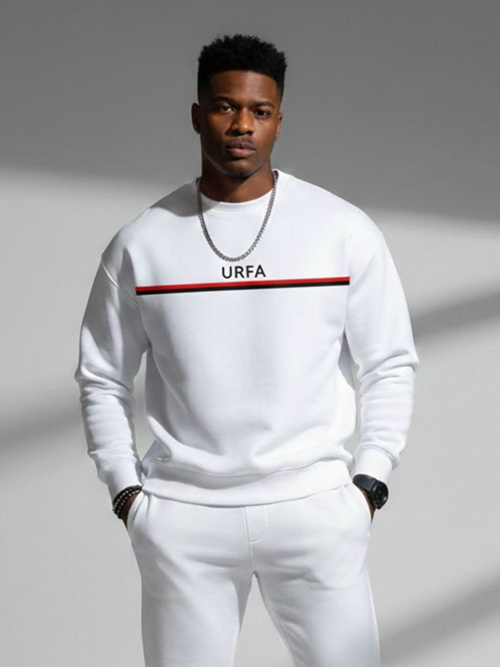 Beyaz Urfa Baskılı Bisiklet Yaka Uzun Kollu Sweatshirt