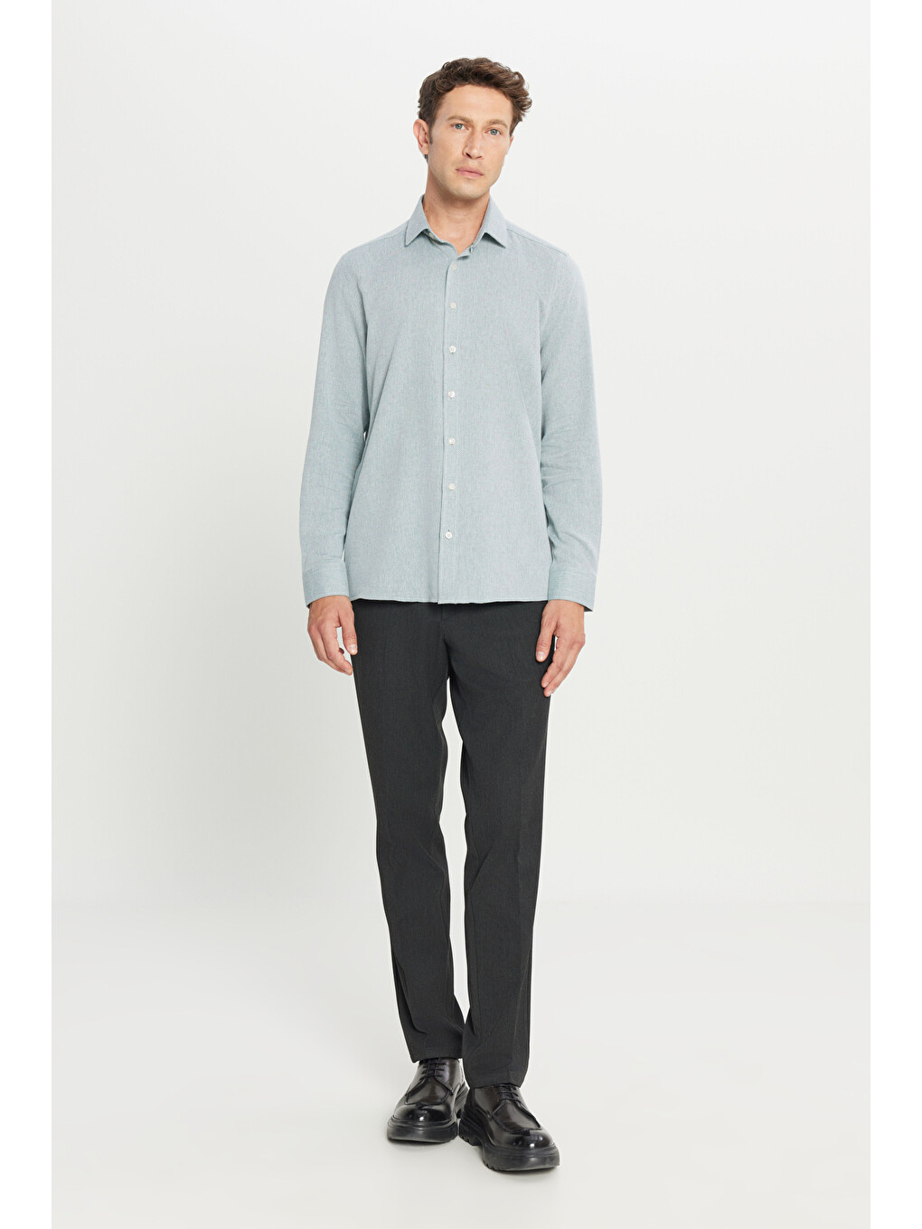 Erkek Koyu Yeşil %100 Pamuk Tailored Slim Fit Dar Kesim Klasik Yaka Armürlü Gömlek-1