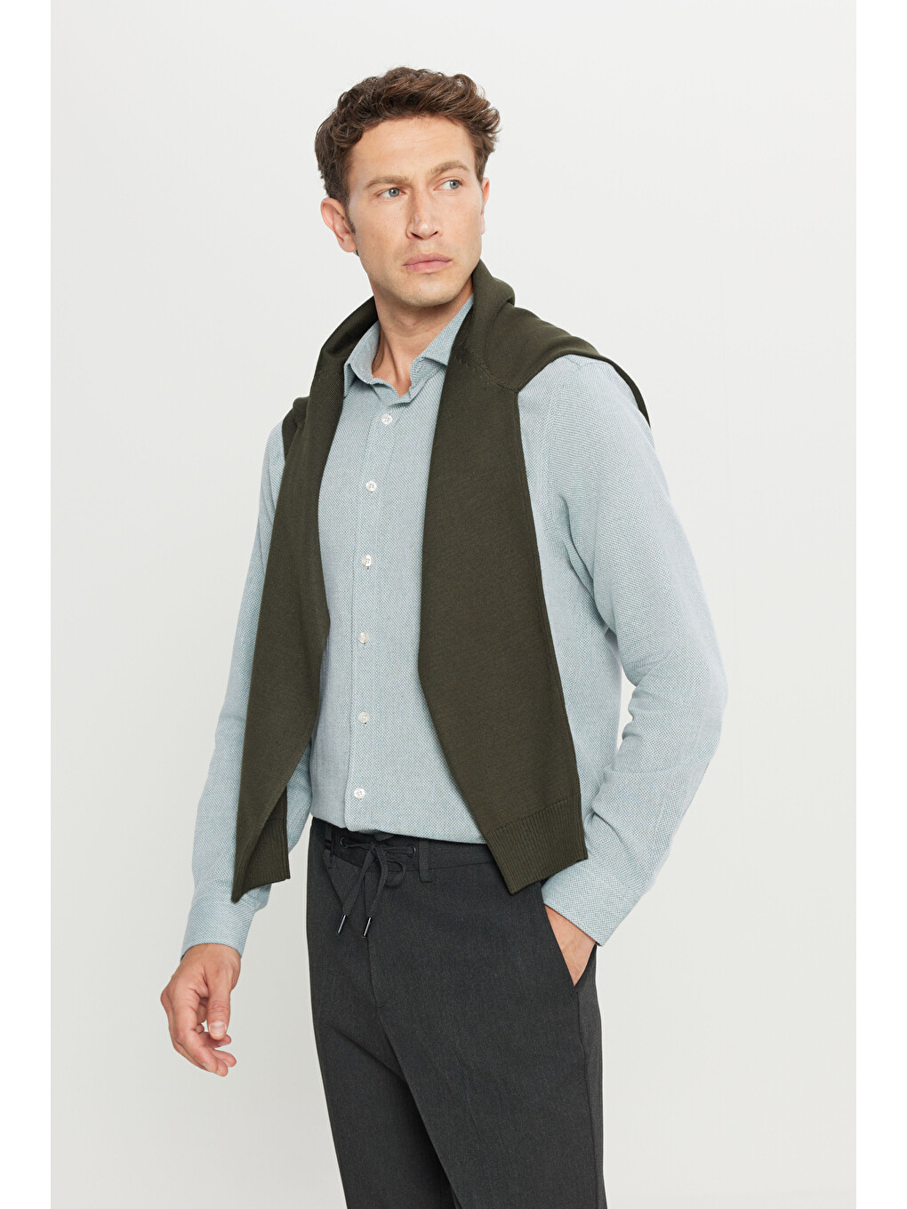 Erkek Koyu Yeşil %100 Pamuk Tailored Slim Fit Dar Kesim Klasik Yaka Armürlü Gömlek-2