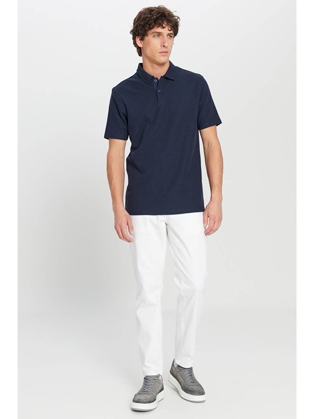 Erkek Lacivert %100 Pamuk Slim Fit Dar Kesim Polo Yaka Jakarlı Triko Tişört-1