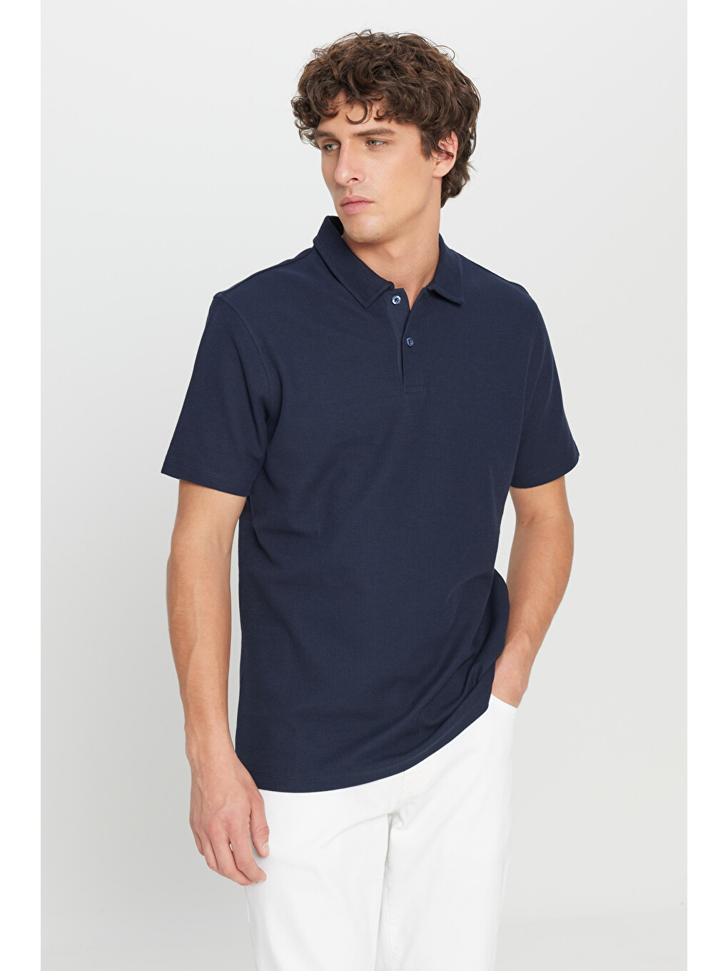 Erkek Lacivert %100 Pamuk Slim Fit Dar Kesim Polo Yaka Jakarlı Triko Tişört-2
