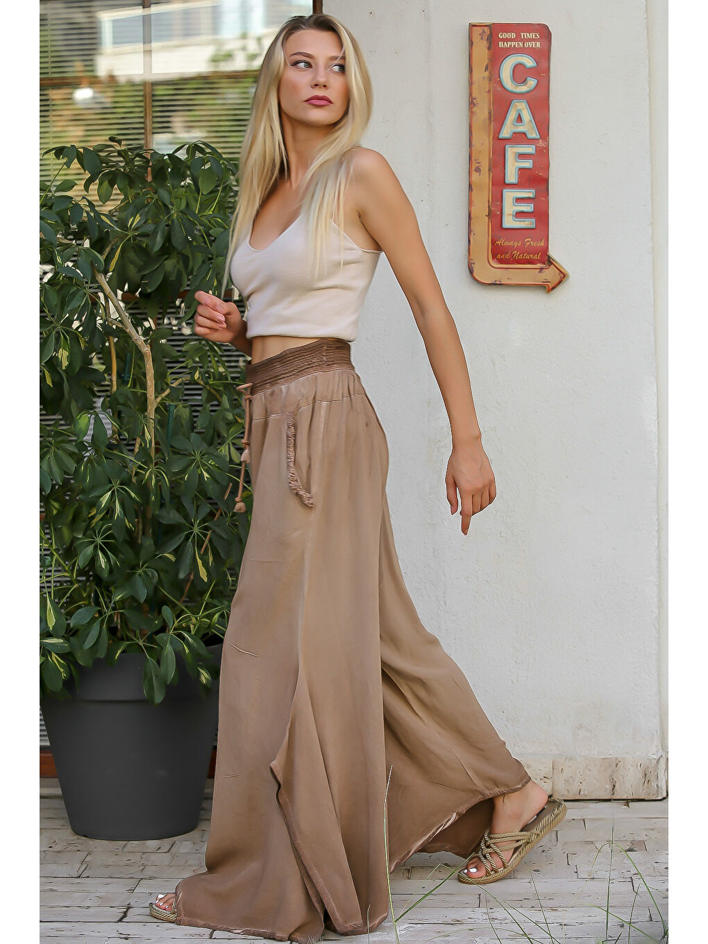 Kahverengi Camel Düz Renk Çift Cepli Yıkamalı Dokuma Pantolon-5