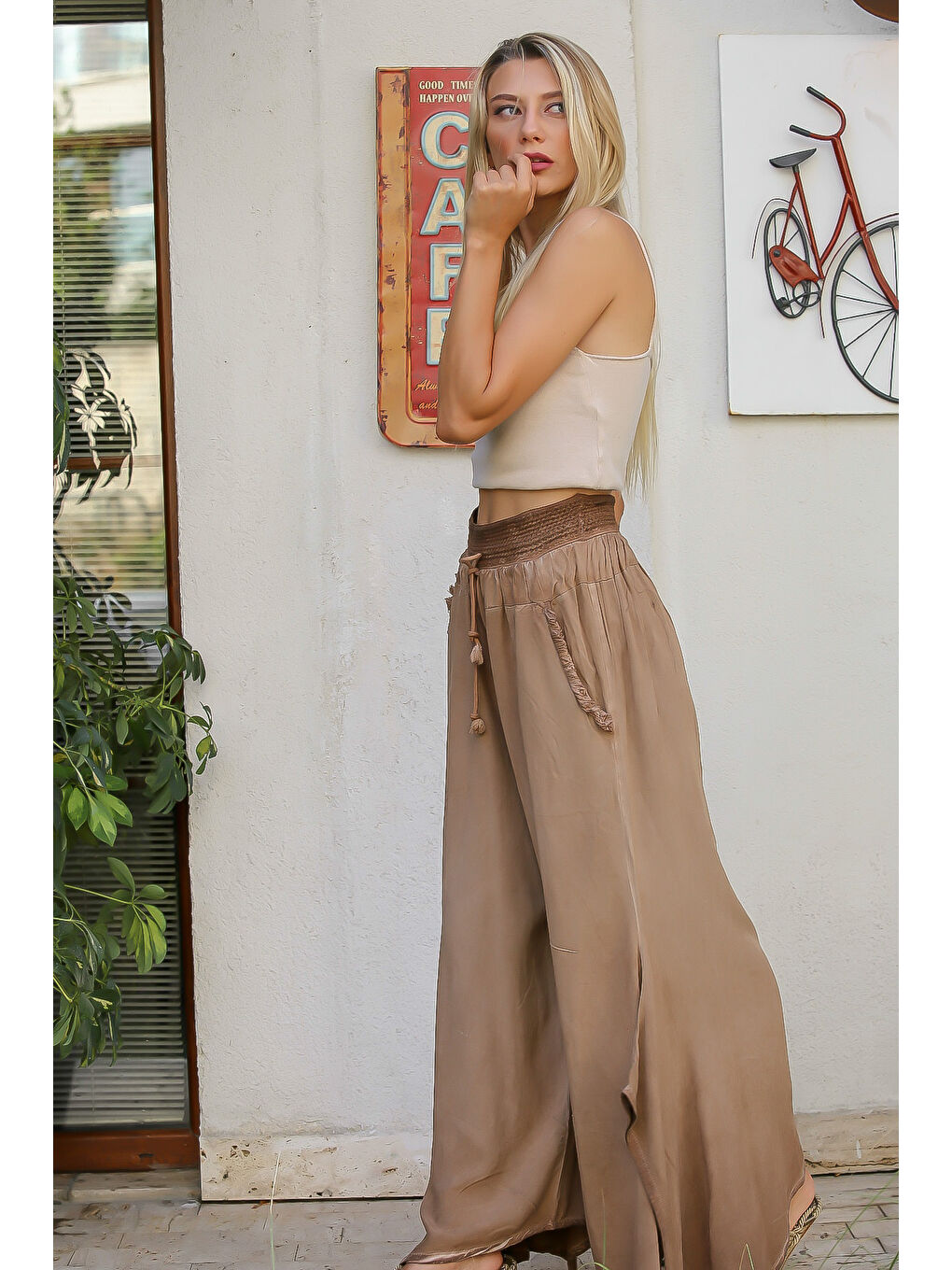 Kahverengi Camel Düz Renk Çift Cepli Yıkamalı Dokuma Pantolon-6