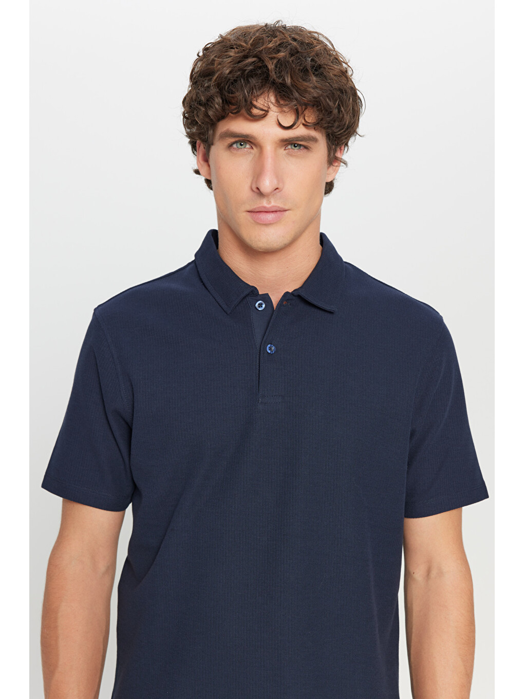 Erkek Lacivert %100 Pamuk Slim Fit Dar Kesim Polo Yaka Jakarlı Triko Tişört-3