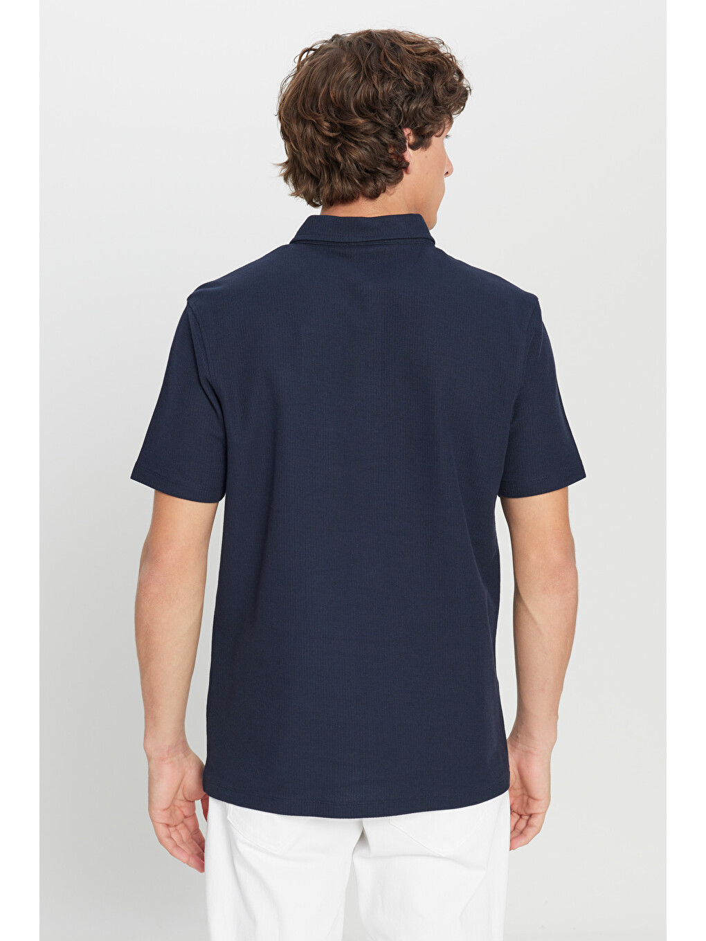 Erkek Lacivert %100 Pamuk Slim Fit Dar Kesim Polo Yaka Jakarlı Triko Tişört-4