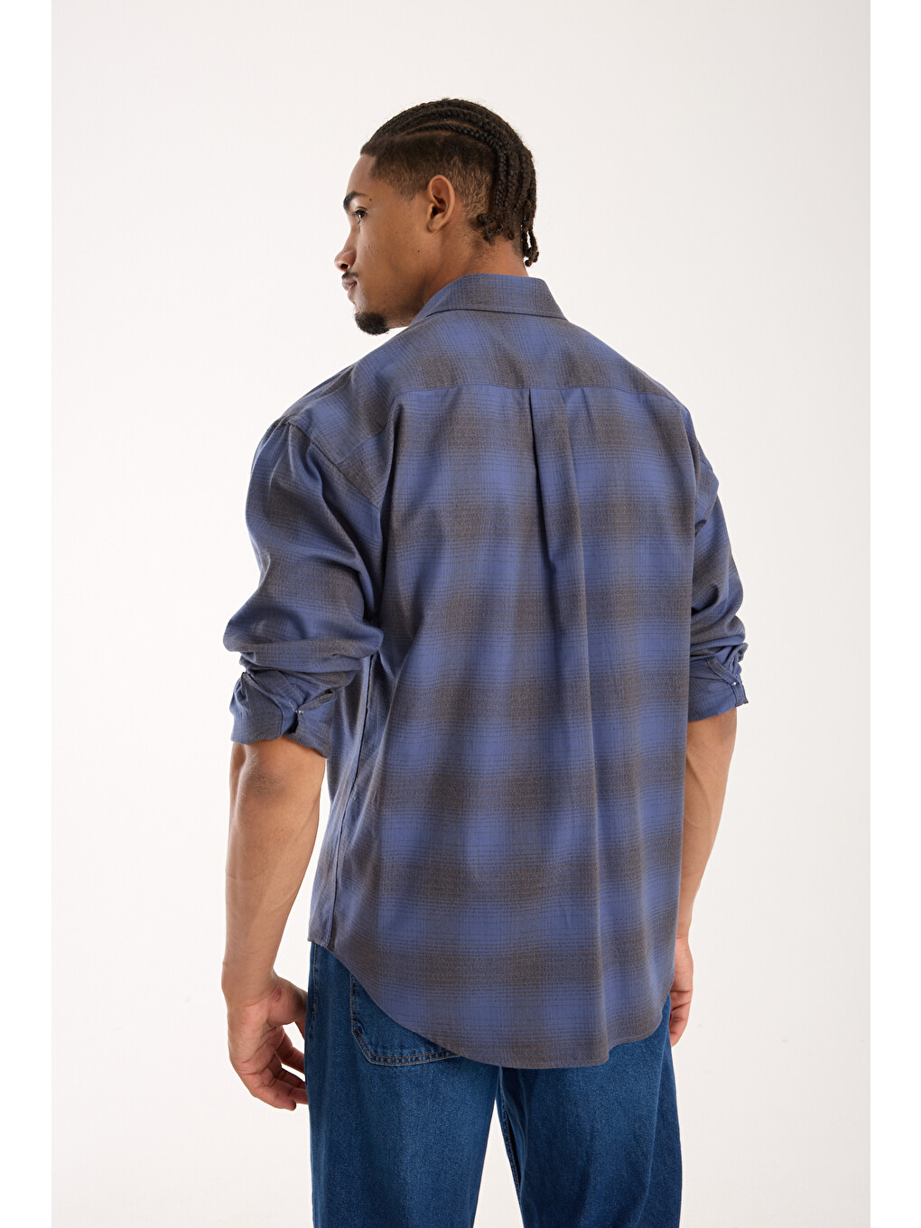 Rio Flanel Pamuklu Oversize Fit Lacivert Klasik Yaka Erkek Ekoseli Gömlek-4