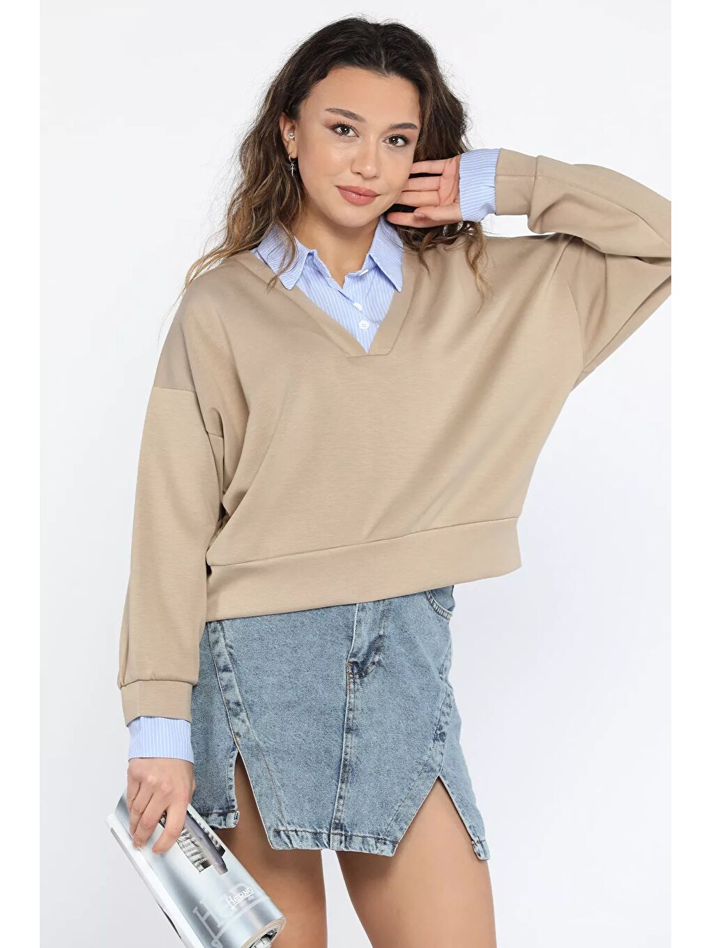 Bej Kadın Gömlek Garnili Sweatshirt