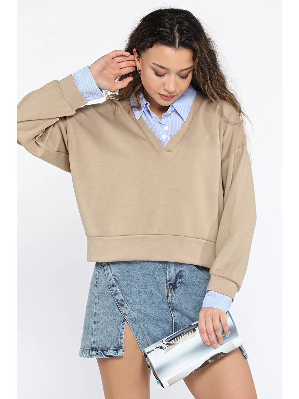 Bej Kadın Gömlek Garnili Sweatshirt-1