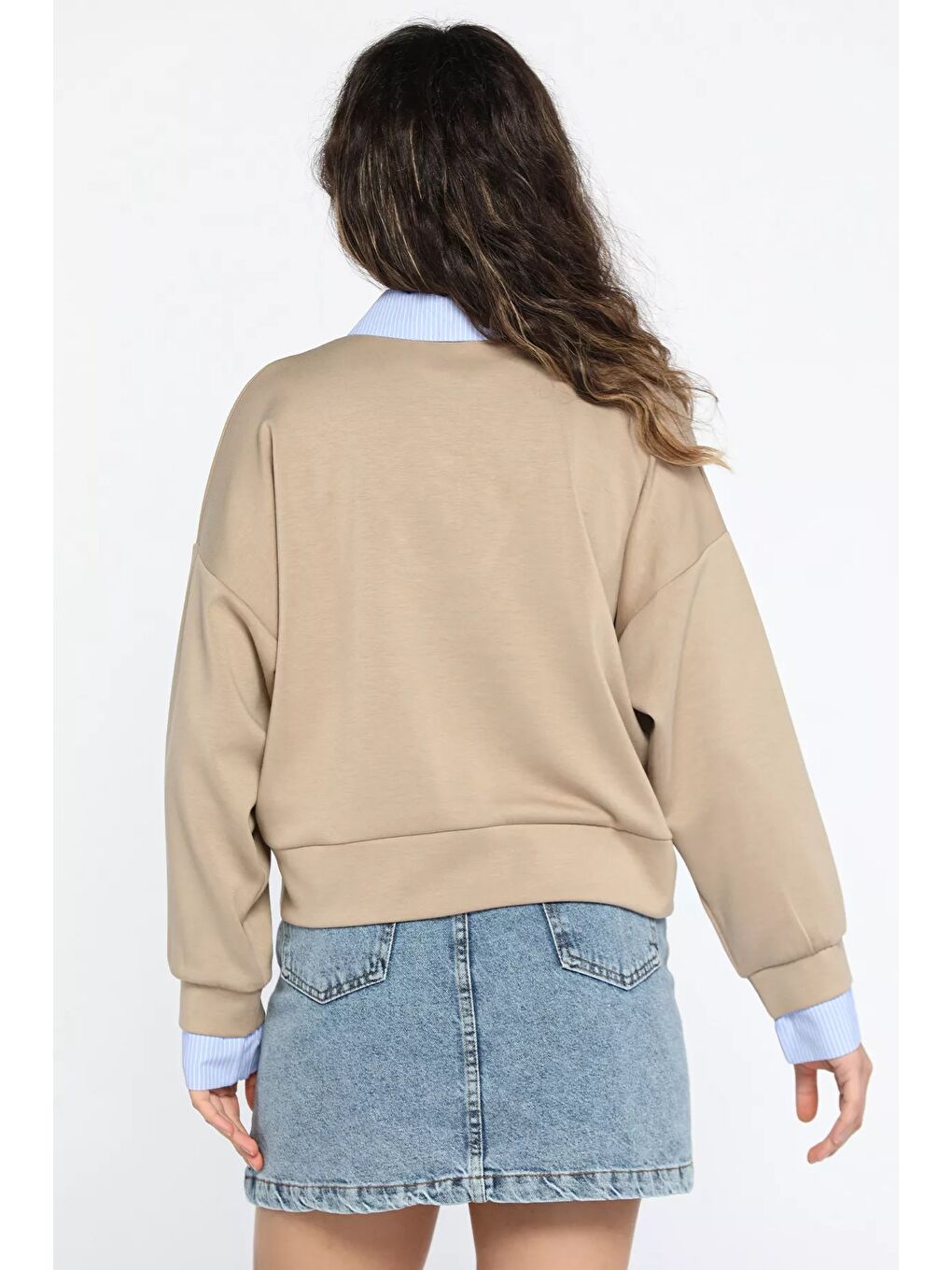 Bej Kadın Gömlek Garnili Sweatshirt-2